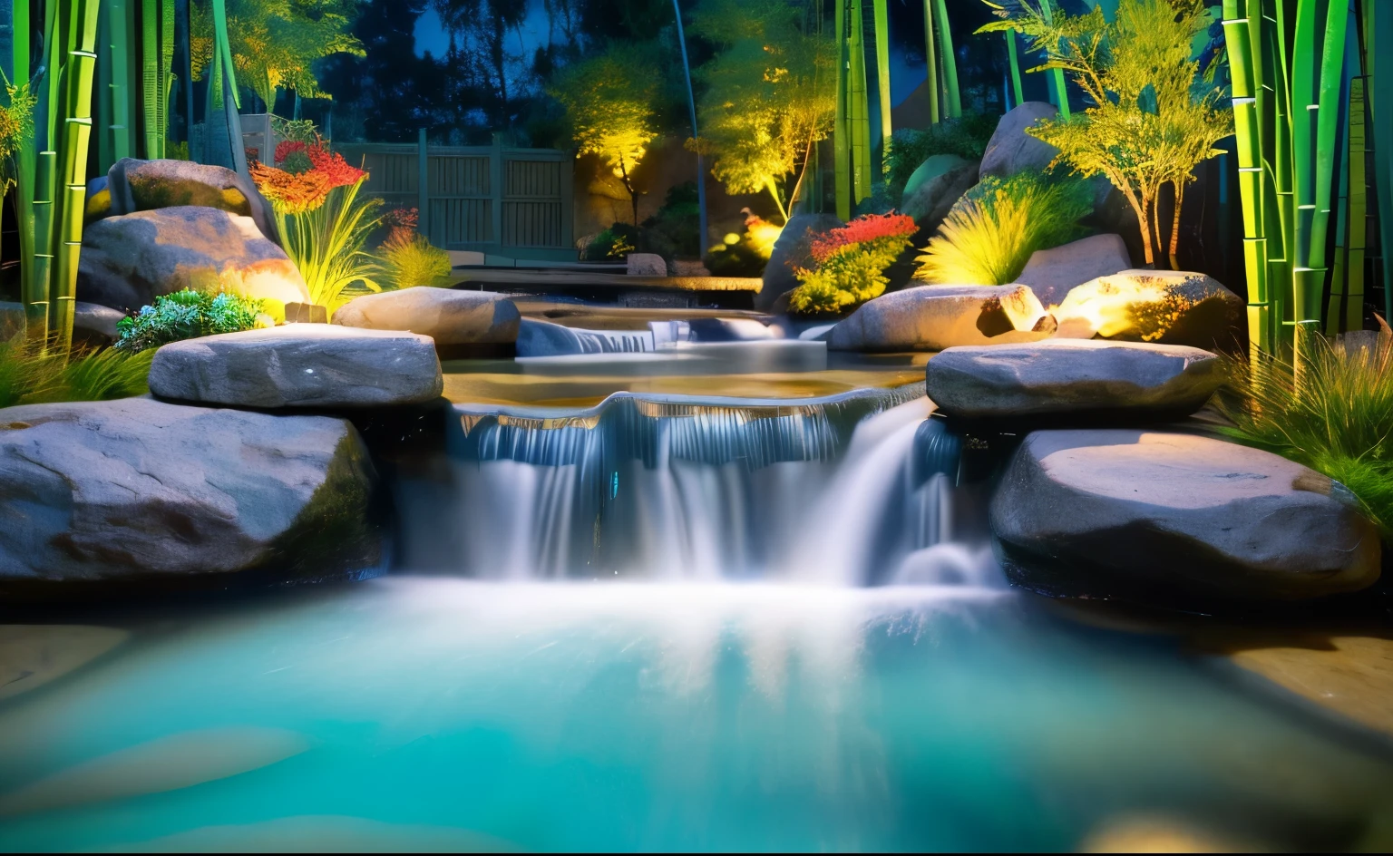 (look up) (hot spring 1:1), (Water vapor 1:1), night, bamboo, corner, wood, water flowing, waterfall, Pasture, rock, magnificent composition, realistic lighting, HD details, (Highly detailed CG integrated 8k wallpaper) (High resolution: 1.1), Super detailed, figure, masterpiece, highest quality, highest quality, (masterpiece: 1.2), submerged, Natural light, stargazing, open air, (water reflection), night sky, vivid lighting, close, clear water,