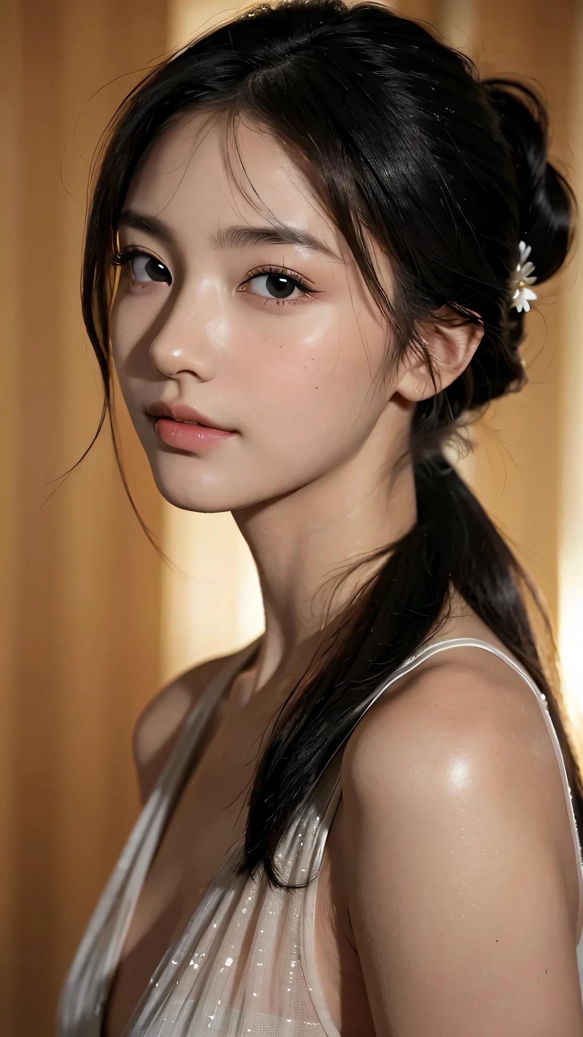 Close up face,Orange Sleeveless Dress Style,Frilly dress,ruffled edges, layered,Accessories: Flower hairpiece, ribbon, fitted body,Commercials for luxury cosmetics style,Commercial filming studio,The background is all gray,Body in front,fully body photo,masutepiece, The highest image quality, High quality, the background is clear,Beautiful woman, Japanese, Detailed, Ultra-detailed, finely detail, hight resolution, 8K Wallpaper, Perfect dynamic composition, Beautiful detailed eyes ,Detailed eyes, Detailed skin, Beautiful skin, 超hight resolution, (reality: 1.4),Very beautiful woman, Slightly younger face, Beautiful skin, slender, (Ultra photo realsisim), (hight resolution), (8K), (Very detailed) (beautifully detailed eyes), (super detailed), (Detailed face), view the viewer, Fine details, Detailed face, Staring straight ahead, Staring straight ahead, photos realistic, Bright lighting, Professional Lighting, Black hair,poneyTail,a baby face,sixteen years old,Hairstyle: ponytail,Long ponytail hairstyle,slight smile,