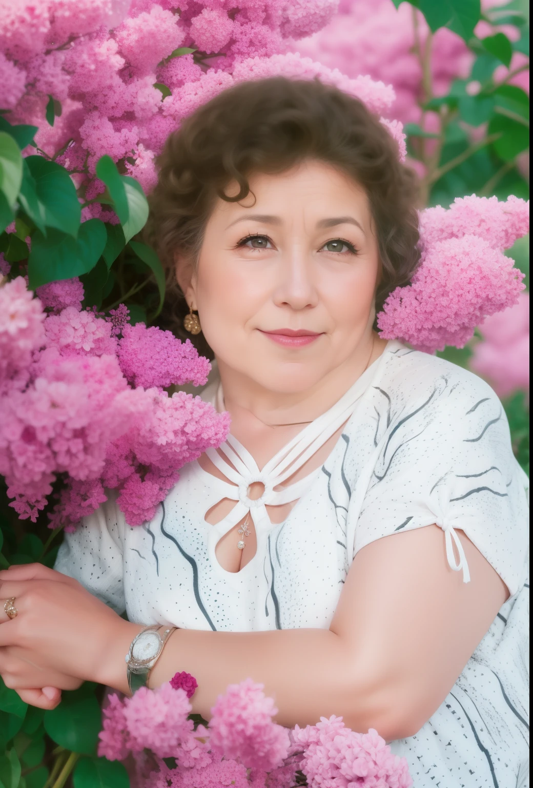 portrait of a woman, Woman with short haircut, Woman with curly hair, portrait of a woman at sirens, tender photo, Beautiful hair, super quality,at sirens, aged woman, portrait in the bushes, lilac branches, woman with wrinkles