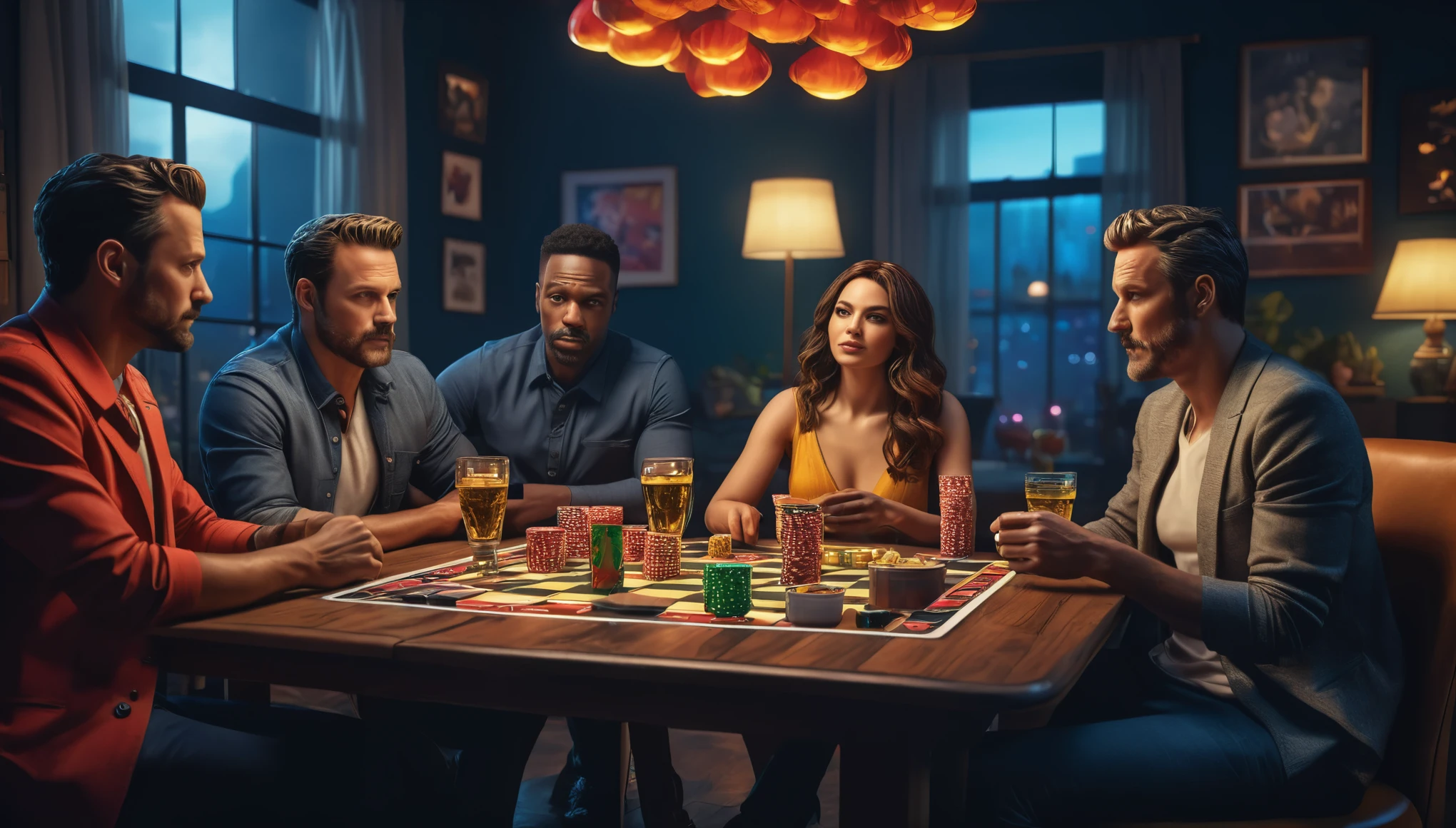 create an image demonstrating the style of ((Game Night)) style, hyper realism, 8k high definition, vibrant colors, sharp focus, insanely detailed