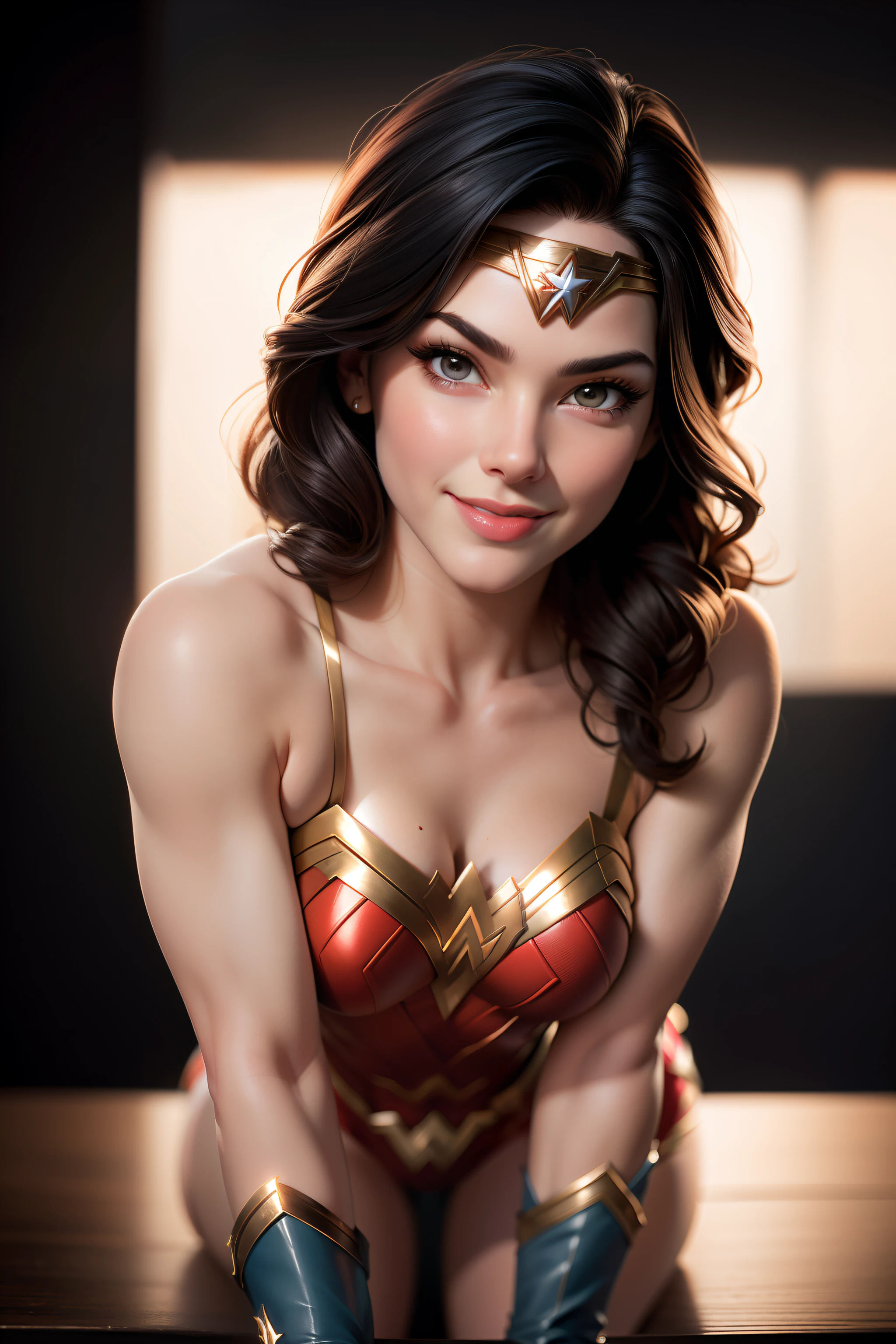 Wonder Woman, Portrait Photography by Artgerm, realism style, glowing skin, cartoon hero, natural light, defined lips, strong physical strength, feminine body, full body, viewer, (smile:1.2), depth of field f/1.8, studio shot, (((looking at camera))), camera facing, Ellen by von Unwerth, (sexy pose:1.5),