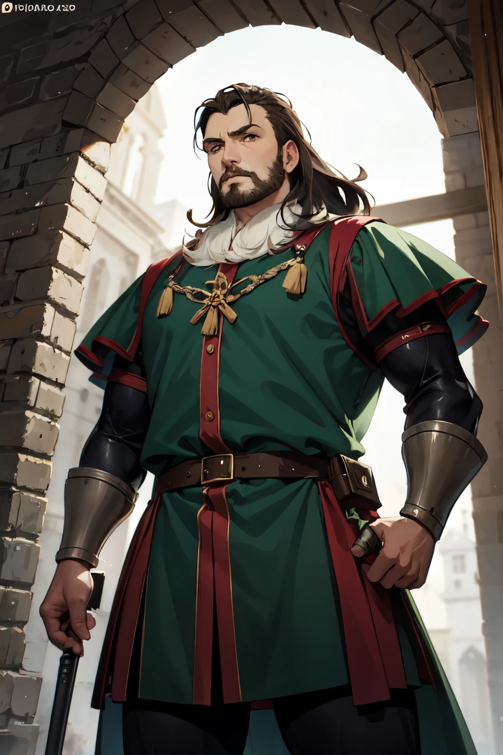 Homem, loiro, medium hair, adulto, alto, forte, homem grande, musculoso, com barba, medieval, anime, soldado, roupas verdes, olhos azuis