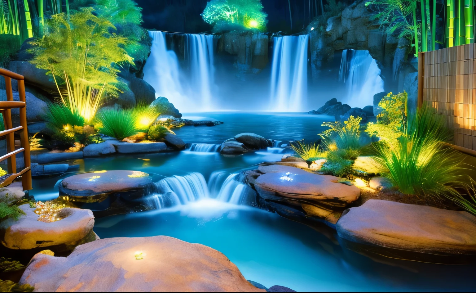(look up) (hot spring 1:1), (Water vapor 1:1), night, bamboo, corner, wood, water flowing, waterfall, Pasture, rock, magnificent composition, realistic lighting, HD details, (Highly detailed CG integrated 8k wallpaper) (High resolution: 1.1), Super detailed, figure, masterpiece, highest quality, highest quality, (masterpiece: 1.2), submerged, Natural light, stargazing, open air, (water reflection), night sky, vivid lighting, close, clear water,
