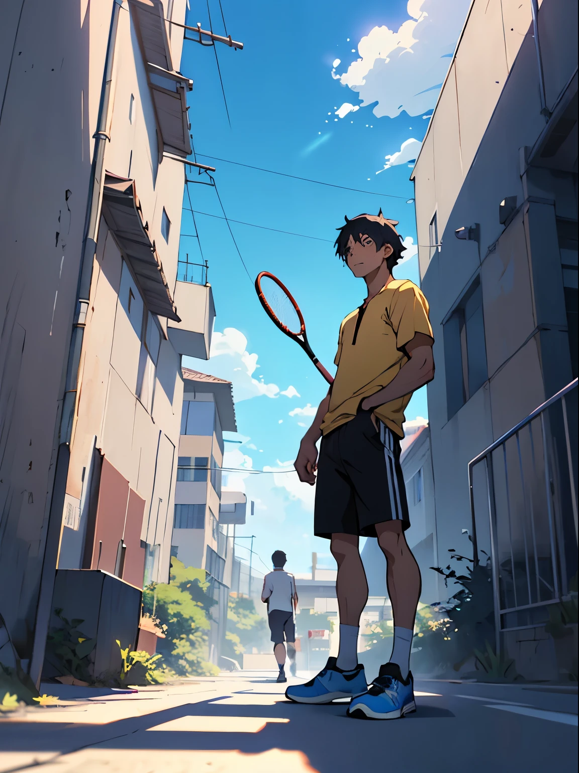 Anime - style scene of beautiful sky with a blue sky and shiny. by makoto shinkai, anime art wallpaper 4k, anime art wallpaper 4 k, anime art wallpaper 8 k, anime wallpaper 4k, anime wallpaper 4 k, 4k anime wallpaper, anime sky, amazing wallpaper, anime background, ghilbi vibes,a young man stand with holding the badminton racket, far city, sport arena,