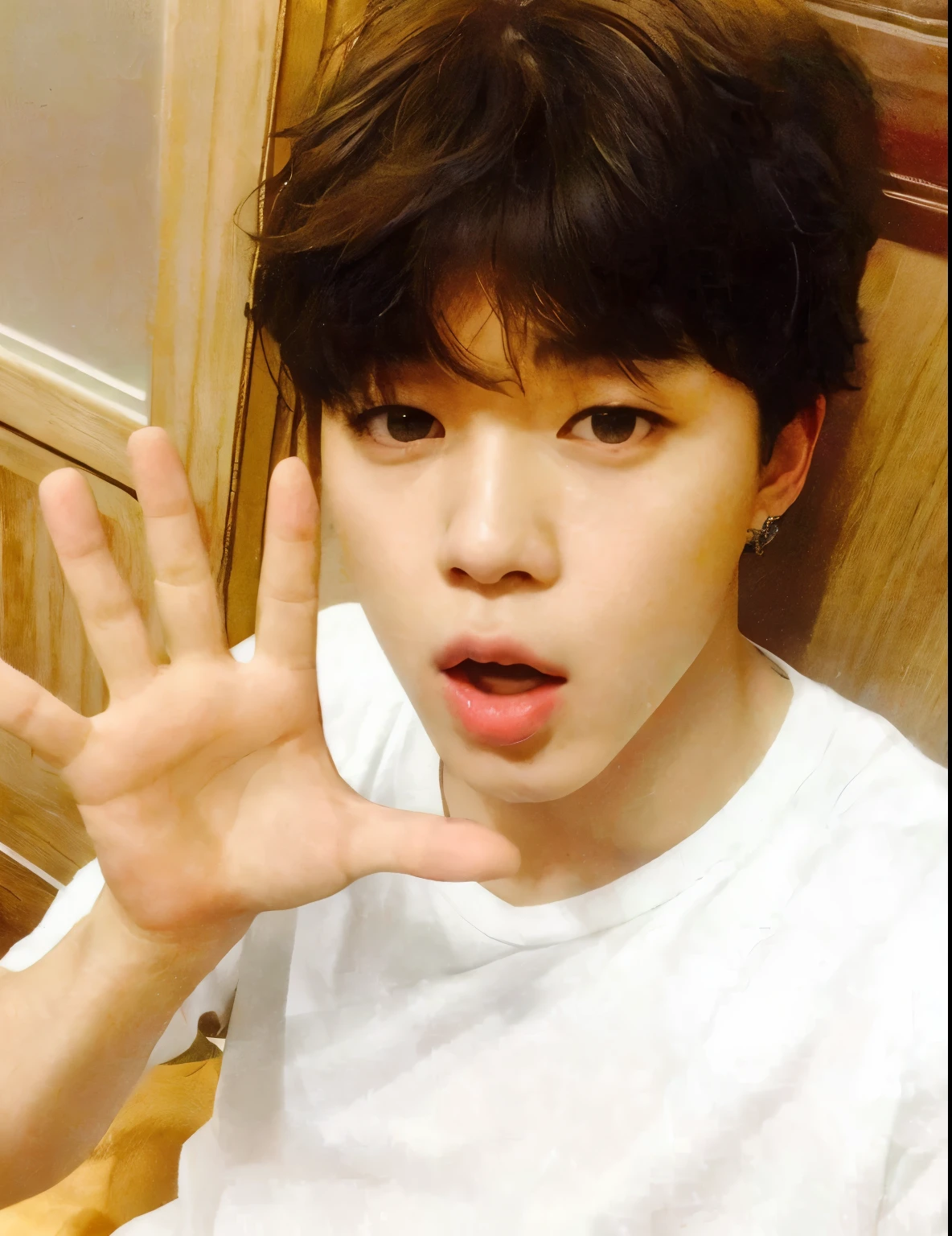 there is a young man making a stop sign with his hands, Jimin\'s grecian nose, park Jimin, Jimin\los labios carnosos, accurate Jimin face, Jimin, Jimin\his right eyelid is swollen, Jung Jaehyun, kim doyoung, kim taejin, hyung tae, pale korean adorable face, shin jeongho, hong junio hyung
