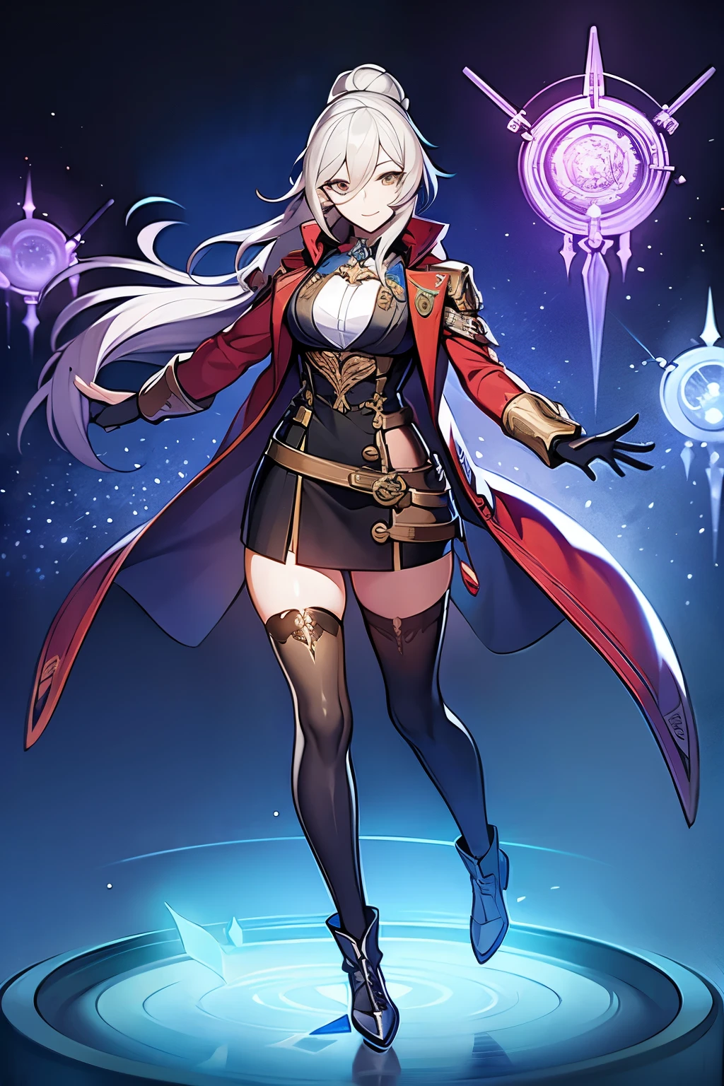 female scholar wearing a long steampunk coat, clear facial features, standing in a confident pose, laboratory background, she is playing with sci-fi tools and holograms, long black ponytail, attractive facial features, vibrant eyes, full body shot.