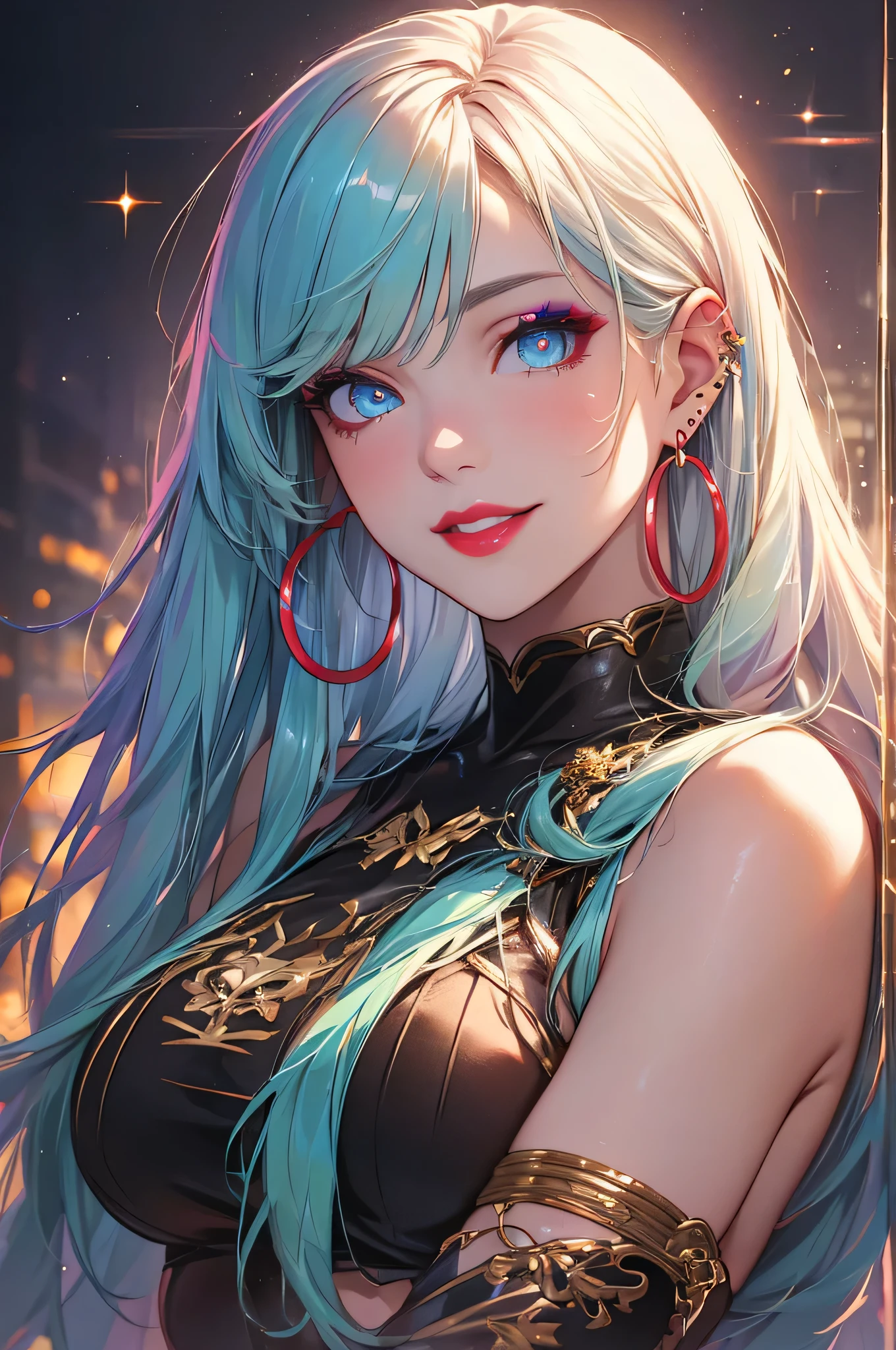 anime style, movieポートレート写真, 1 female, 22 years ago, Full body Esbian,blue eye background, big and full breasts, anger, (lemon colored hair), long hair, red eyes, Wearing a pure white dress, (natural skin texture vivid details, surreal, (realistic detailed eyes, natural skin texture, realistic facial details), soft and dramatic lighting, Depth of written boundary, Bokeh, vivid details, surreal, 35mm movie, hazy blur, movie,lipstick, ear piercing, eye shadow, hoop earrings, red pink lips, multicolored eyes, Yellow theme,,Wear an iridescent aura,smile、smile、the corners of the mouth rise