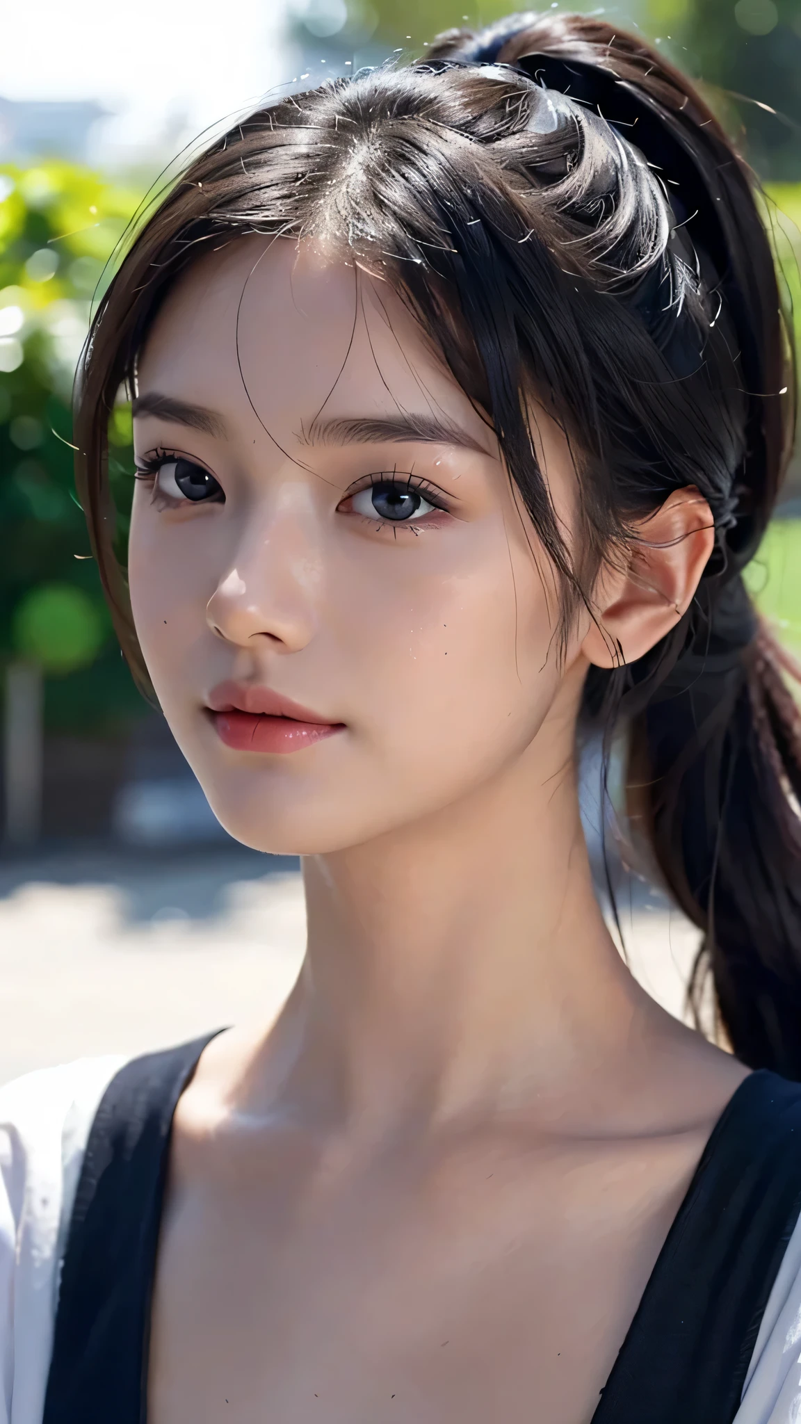 One woman,fully body photo,masutepiece, The highest image quality, High quality, the background is clear,Beautiful woman, Japanese, Detailed, Detailed eyes, Detailed skin, Beautiful skin, 超hight resolution, (reality: 1.4),Very beautiful woman, Slightly younger face, Beautiful skin, slender, (Ultra photo realsisim), (hight resolution), (8K), (Very detailed) (beautifully detailed eyes), (super detailed), (Detailed face), view the viewer, Fine details, Detailed face, Staring straight ahead, Staring straight ahead, photos realistic, Bright lighting, Professional Lighting, Black hair,poneyTail,a baby face,sixteen years old,Hairstyle is ponytail,long ponytail hairstyle,slight smile,