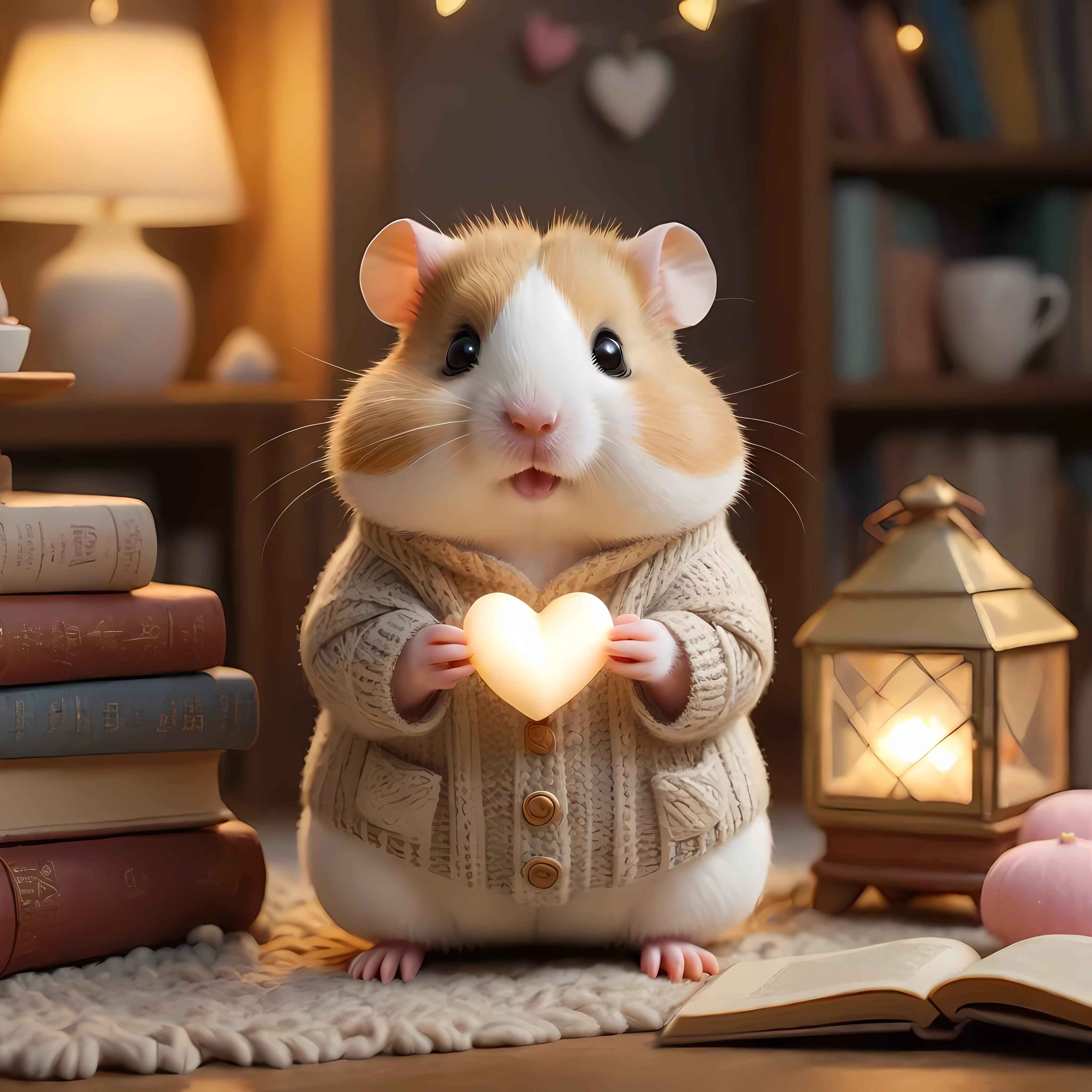 Close up of an adorable hamster wearing a cozy knitted sweater in a tiny cozy living room, the hamster ((holds a giant white glowing heart)), surrounded by plush furniture, soft textures, miniature objects like books and a teacup, a plate of cookies, warm colors and soft lightning, (((looking directly at the viewer))), masterpiece in maximum 16K resolution, superb quality. | ((More_Detail))
