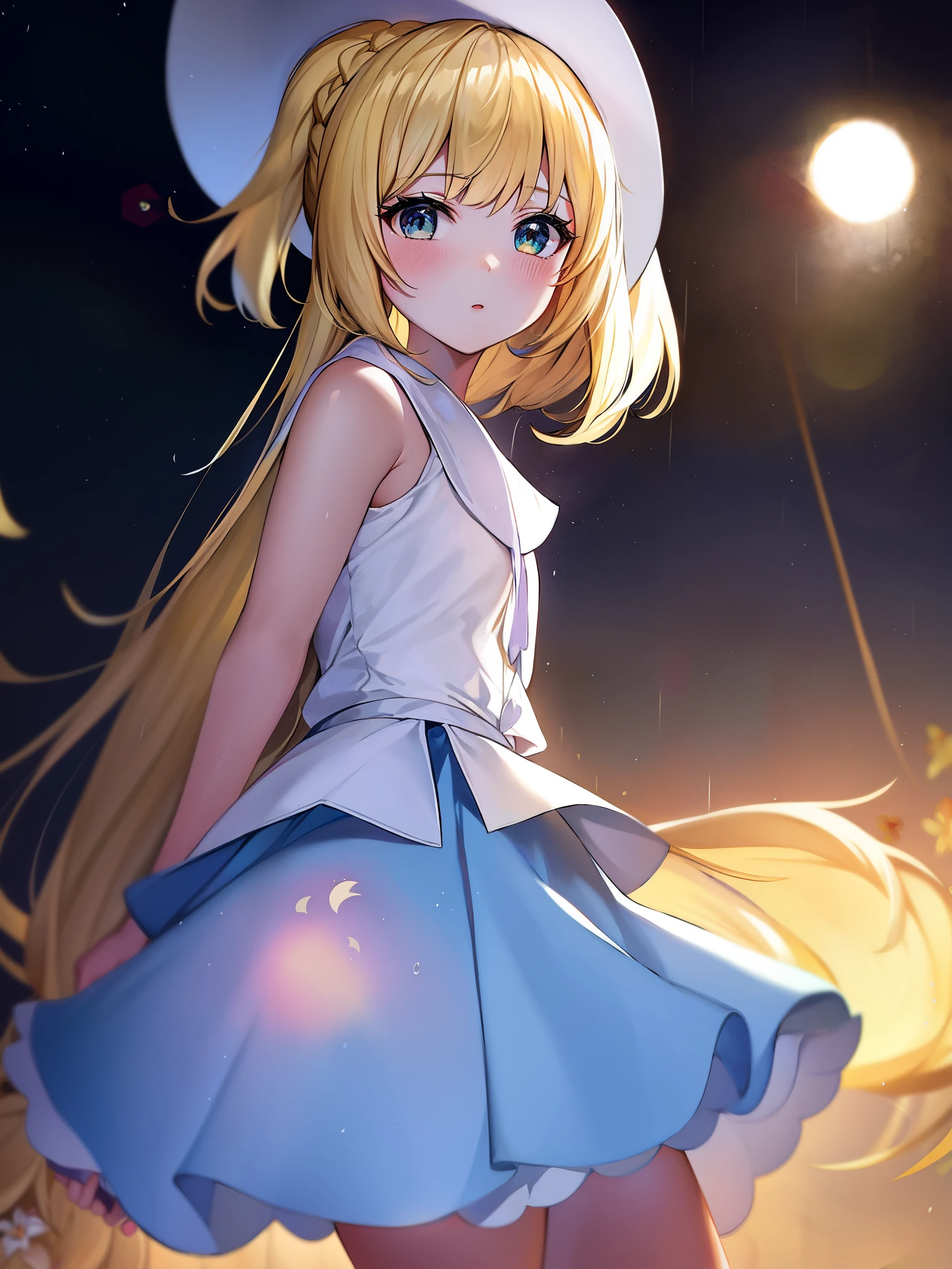 Pokémon、solo、1 person、sunset、Tropical Alola region、Lillie、Snow-white skin and long pale blonde hair、White princess-line sleeveless dress and white wide-brimmed hat、french braid、high ponytail、blue mini skirt、blue pleated skirt、sailor color、shirt、short sleeve、blue skirt、白いshirt、white skirt「Lady」、blonde girl、Pippi Ningyoya Cosmetics、orthodox heroine、Lily flower、Escape from the rain and take shelter together in a cave、Lillieは月の象徴で、Hau is the image of the sun。Lillieが月ではなく、I will become a shining sun」、pacifist、Directional tone deafness、