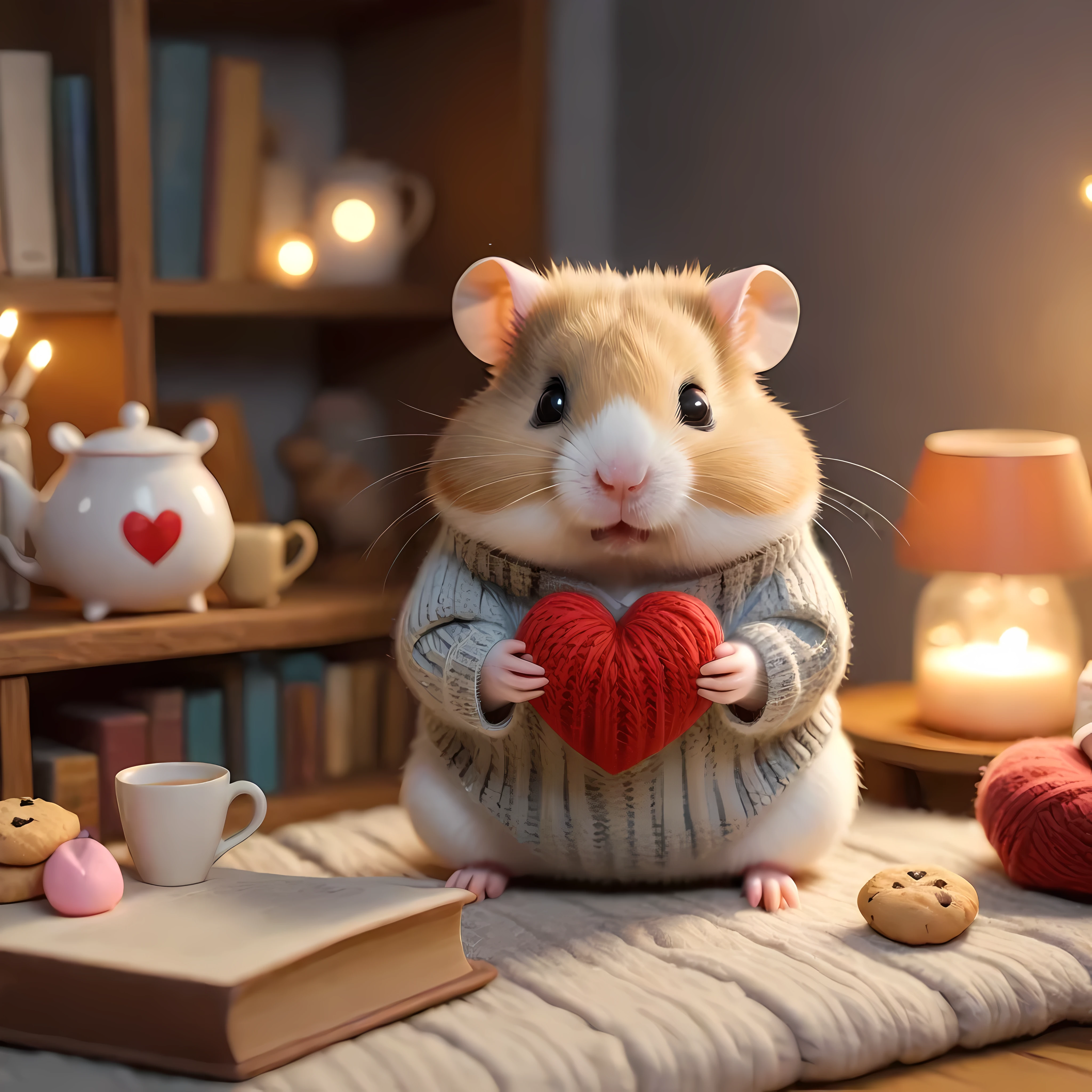 (Close up)of an adorable hamster wearing a cozy knitted sweater in a tiny cozy living room, the hamster ((holding a giant glowing heart)), surrounded by plush furniture, soft textures, miniature objects like books and a teacup, a plate of cookies, warm colors and soft lightning, (((looking directly at the viewer))), the heart is white, masterpiece in maximum 16K resolution, superb quality. | ((More_Detail))
