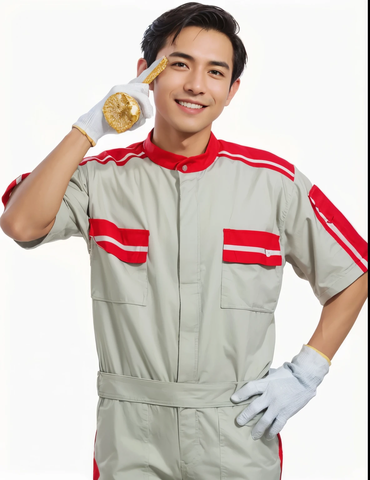 arafed man in a uniform holding a banana and smiling, wearing plumber uniform, working clothes, old charismatic mechanic, work clothes, mechanic, wearing human air force jumpsuit, wearing flight suit, flight suit and gloves, wearing dirty flight suit, very professional, wearing gloves, wearing dirty overalls, catalog photo, advertising photo, wearing dirty ripped flight suit