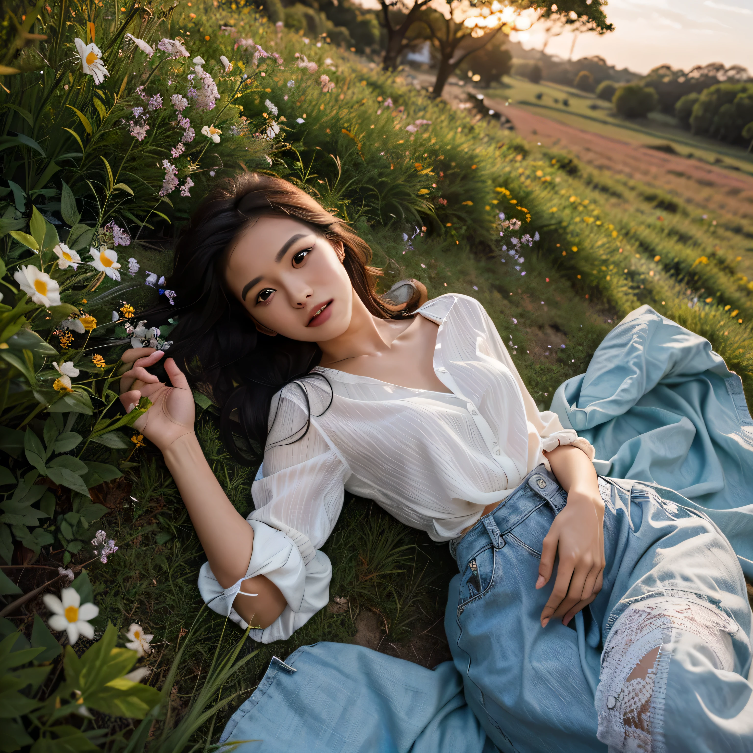 Generate img
TYPE : Beauty Photography
THEME : Natural 
RACE : Indonesian, young
PERSON 1 : Early 20s, woman
SCENE : outdoor , a woman is lying on a lush green grassy field, surrounded by wild flower. The person is wearing a white blouse and a light blue long skirt that full covers her legs, and their dark hair is spread out around them. , half body view
PROPS: bushes and wild flower , sunset , long full closed skirt
CAMERA : photographed using an Canon eos 90d DSLR camera with 18-135mm lens
, best preset lighting , skin texture , detailed face , 
ANGLE : angled from above ,High Dynamic Range (HDR) shot , rule of third
adjust the gesture as in the example image