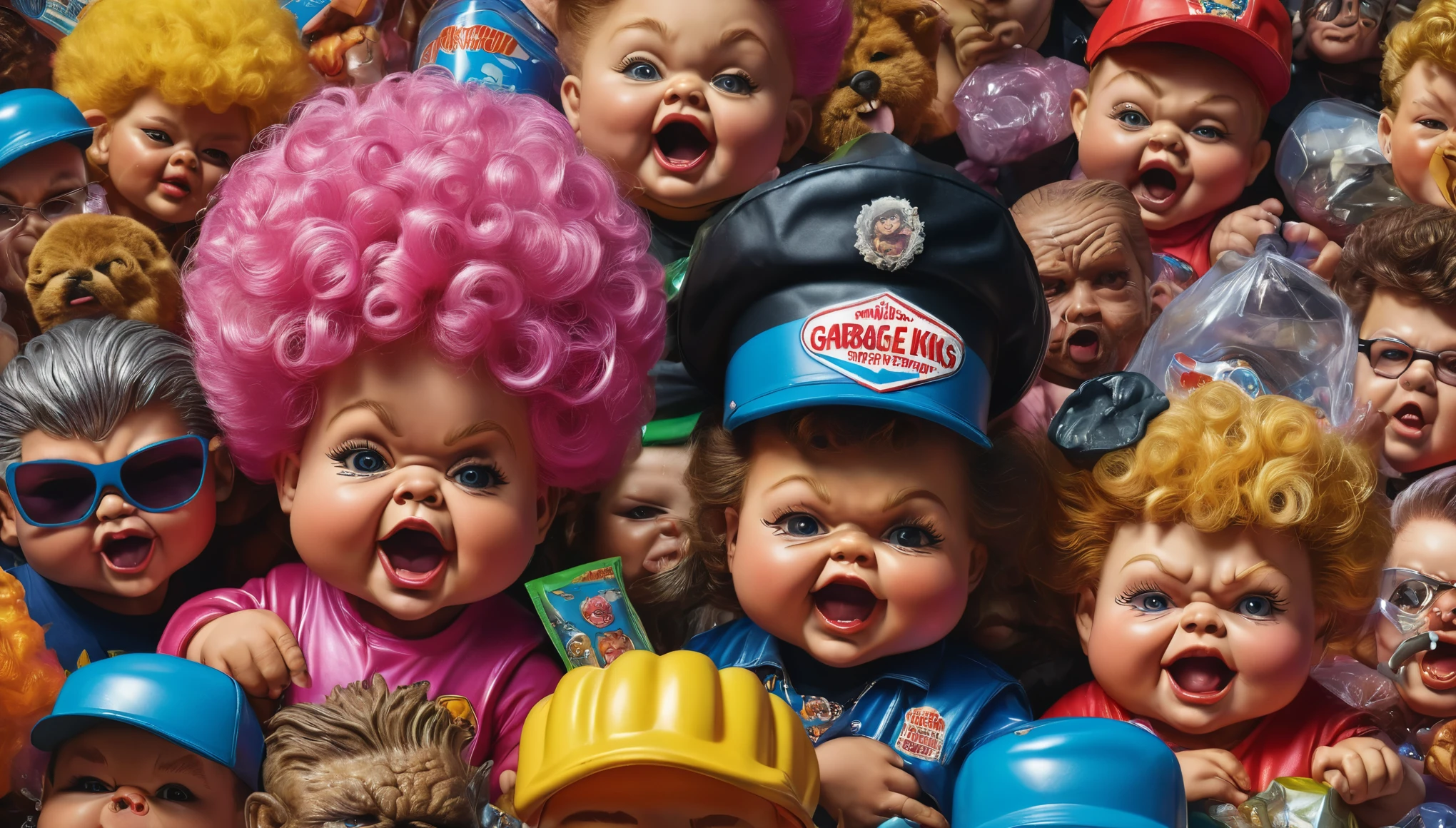 create an image demonstrating the style of ((Garbage Pail Kids)) style, hyper realism, 8k high definition, vibrant colors, sharp focus, insanely detailed