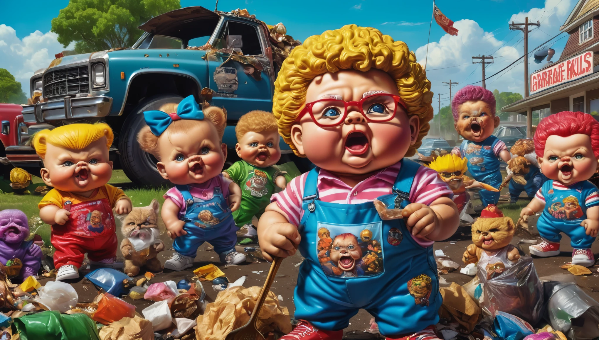 create an image demonstrating the style of ((Garbage Pail Kids)) style, hyper realism, 8k high definition, vibrant colors, sharp focus, insanely detailed