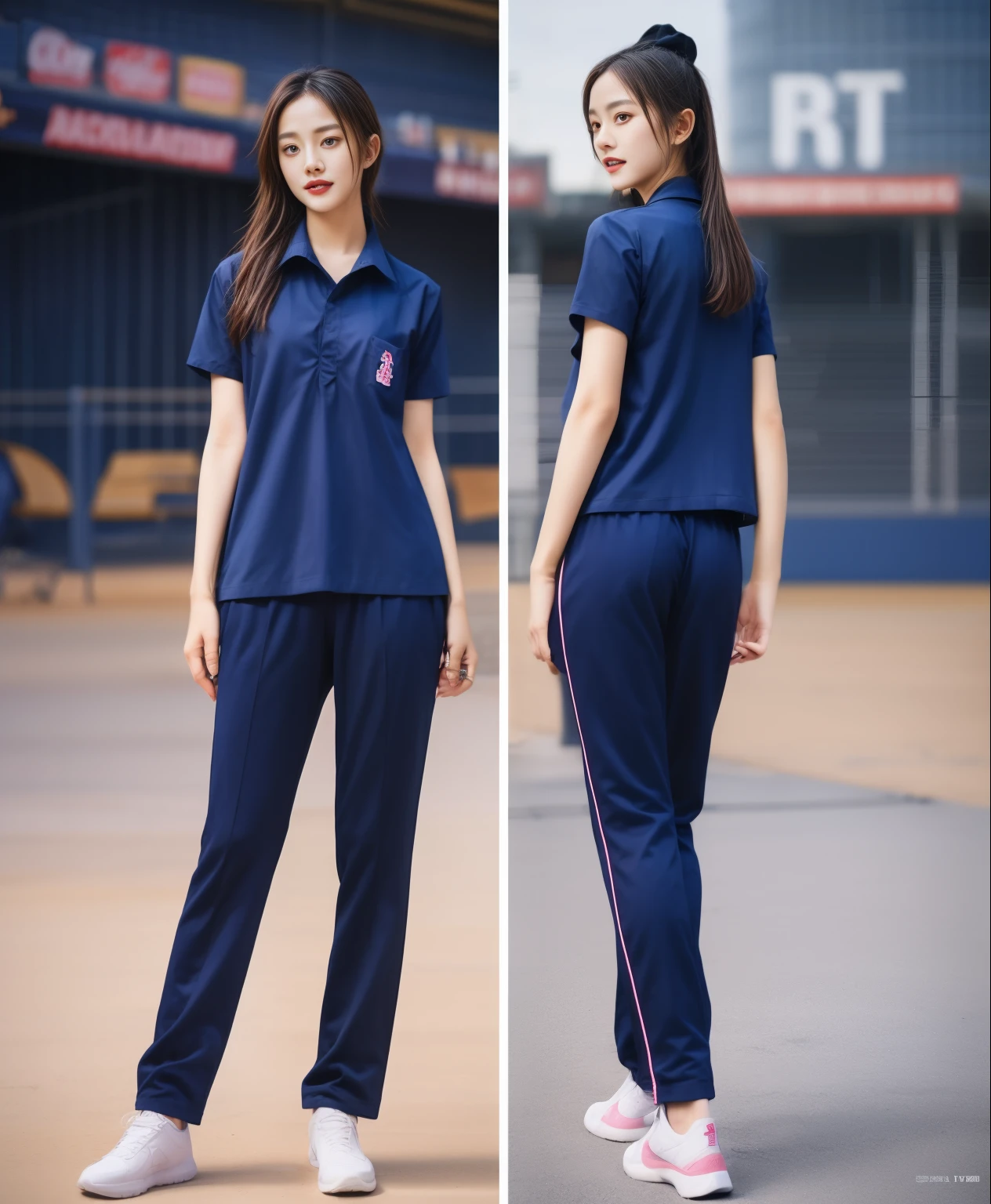 (best quality,10,10,height,Masterpiece:1.2),Special details,(realistic,ภาพrealistic,Realistic photos:1.37),1 cute girl on the football field,shiny, ผิวshiny,only,smile softly,BDclothelue shirt:1.3)),short sleeve,shirt, กางเกงขาlong.,(navy_long_track pants:1.1), ((stadium background:1.3)),Dynamic angle,excited,Face focus,dynamic poses,from behind,focus on ass,Masterpiece, best quality, ultra realistic, hyper-detail, 8K resolution, raw photos, Sharp focus, ((Navy blue shirt:1.1)), short sleeve, เส้นทางlong, perfect body, 2 mature women, 18 years old, Cinema-grade lighting system,blue sweatpants,shirtผ้าออกกำลังกาย,correct anatomy,perfect body, correct body, Sharp face, correct bodyทางกายวิภาค, full body, realistic gestures, long-haired, realistic poses,Wear long shorts................................,ช่วงขาlong,Good shape,carved girl, Slender figure, model, Good shape, beautiful body,blue sweatpants, two girls kissing