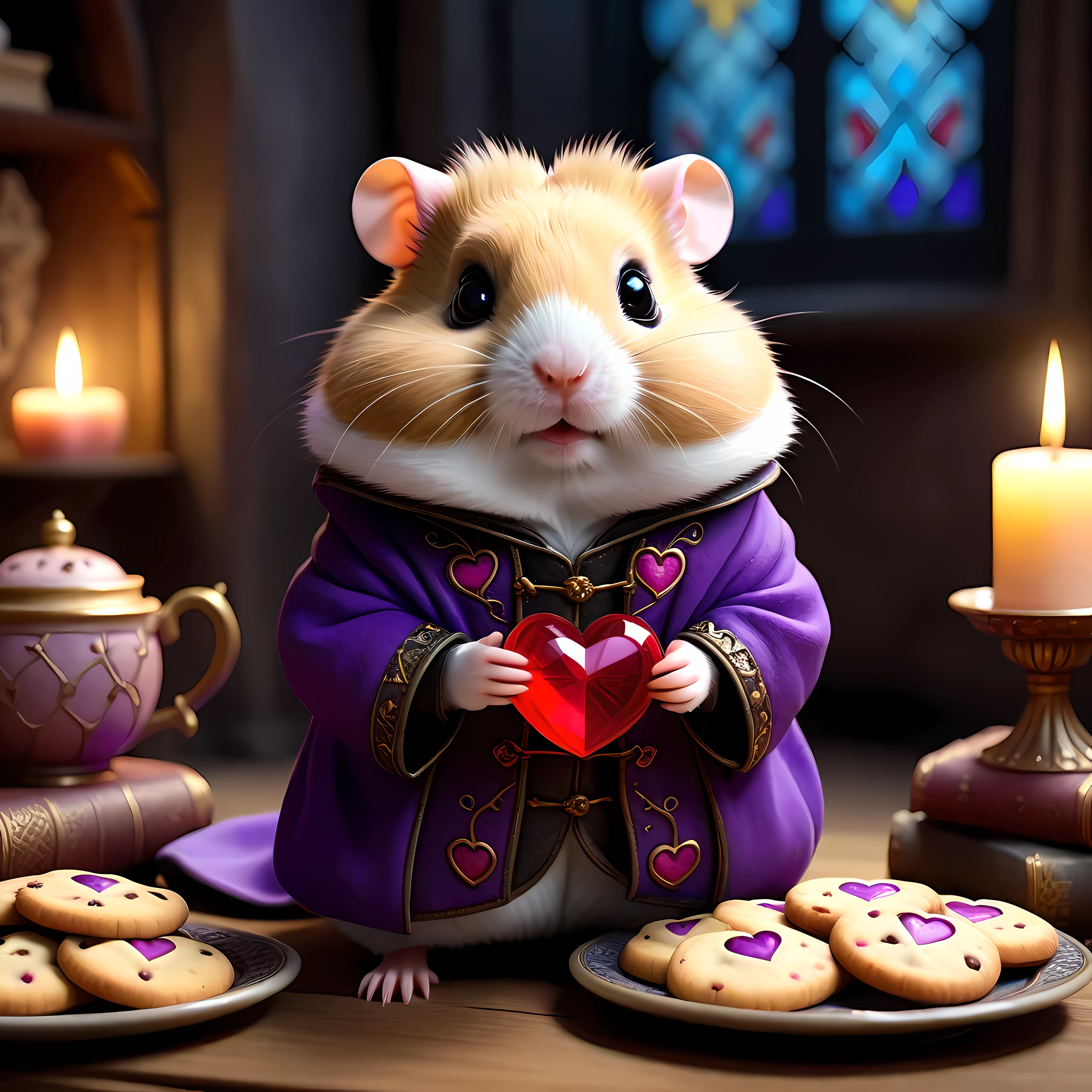 (Close up) of an adorable hamster wearing a cozy medieval coat with intricate embellishment and elegant spectacles in a tiny cozy gothic living room, the hamster (((holds a giant glowing heart))) that is purple, surrounded by plush furniture, soft textures, books, ((a plate of cookies with a tea cup)), cold colors and soft lightning, (((looking directly at the viewer))), ((round colorful stained glass windows in the background)), masterpiece in maximum 16K resolution, superb quality. | ((More_Detail))
