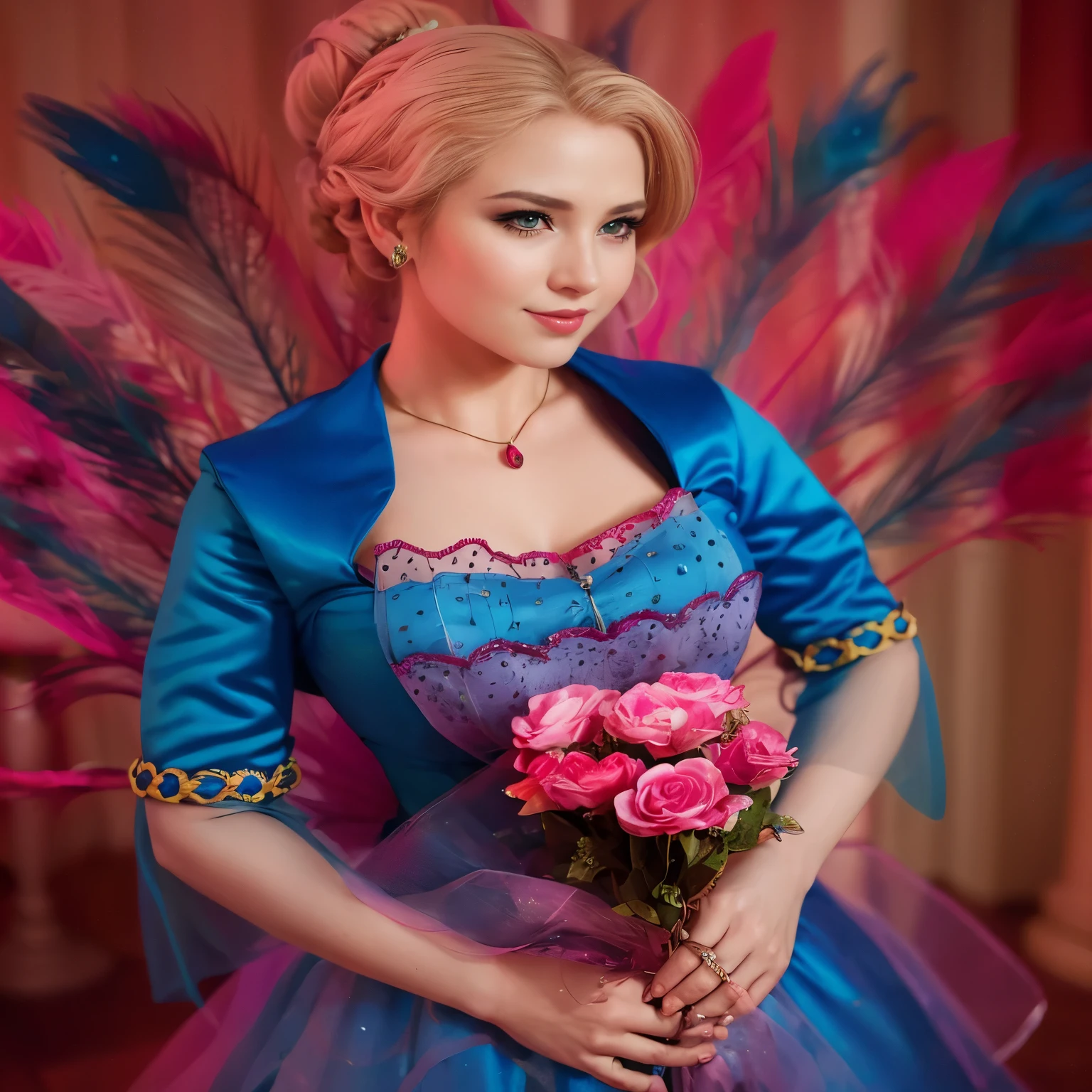 hay una mujer con un vestido azul sosteniendo un ramo de flores, retrato de hada princess, Hermosa reina de hadas adulta, elegant cosplay glamoroso, fantasy photo shoot, retrato de princesa, retrato de elsa de arendelle, beautiful fantasy maiden, Hermosa Aerith Gainsborough, hermosa hada del libro para adultos, mujer hipnotizadora seductora, retrato de hada, cosplay glamoroso
