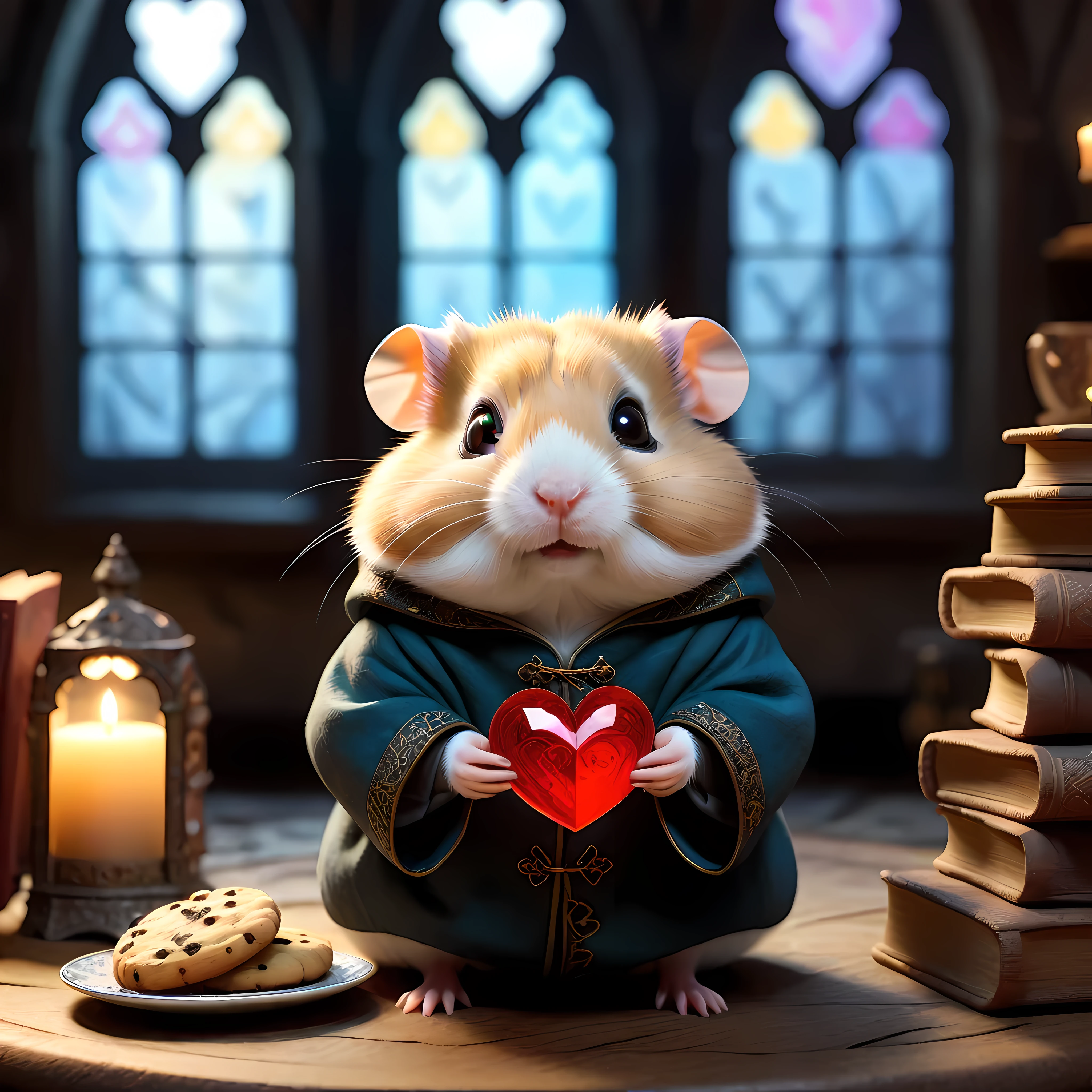 (Close up) of an adorable hamster wearing a cozy medieval coat with intricate embellishment and elegant spectacles in a tiny cozy gothic living room, the hamster (((holds a giant glowing heart))), surrounded by plush furniture, soft textures, books, ((a plate of cookies with a tea cup)), cold colors and soft lightning, (((looking directly at the viewer))), (round stained glass windows in the background), masterpiece in maximum 16K resolution, superb quality. | ((More_Detail))
