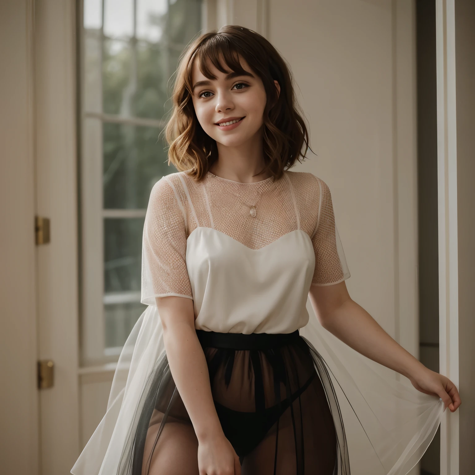 Sophia Lillis, plump and thick , thighs, elegant, grinning, portrait picture, long straight hair, standing, sheer net dress, photograph quality