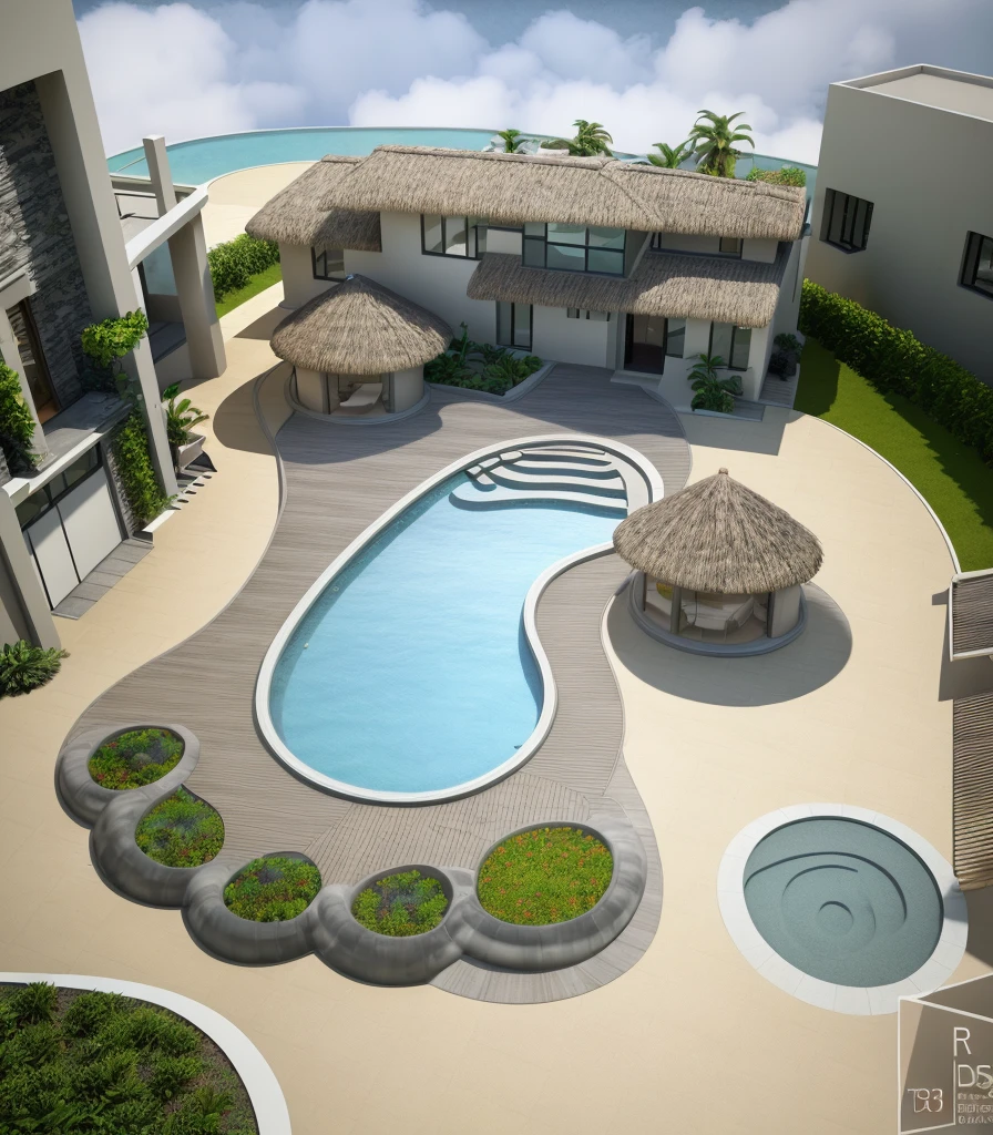 (masterpiece),(high quality), best quality, real,(realistic), modern architecture on a plot of land without walls and fences, flowers garden front of, a 3D render, modern architecturea swimming pool in the middle, only 2 circular one-story houses with grey wall and small windows, thatched roof, Sun loungers, umbrellas,swimming pool embedded in a sandy area, tropical plants, several rock color, exterior design, concept house, overall architectural design, morden lanscape design, architectural concept, frontview, neotraditional modern, photorealistic rendering architectural concepts, realistic concept, 3d rendering, front elevation view, detailed rendering, architectural render, 8k