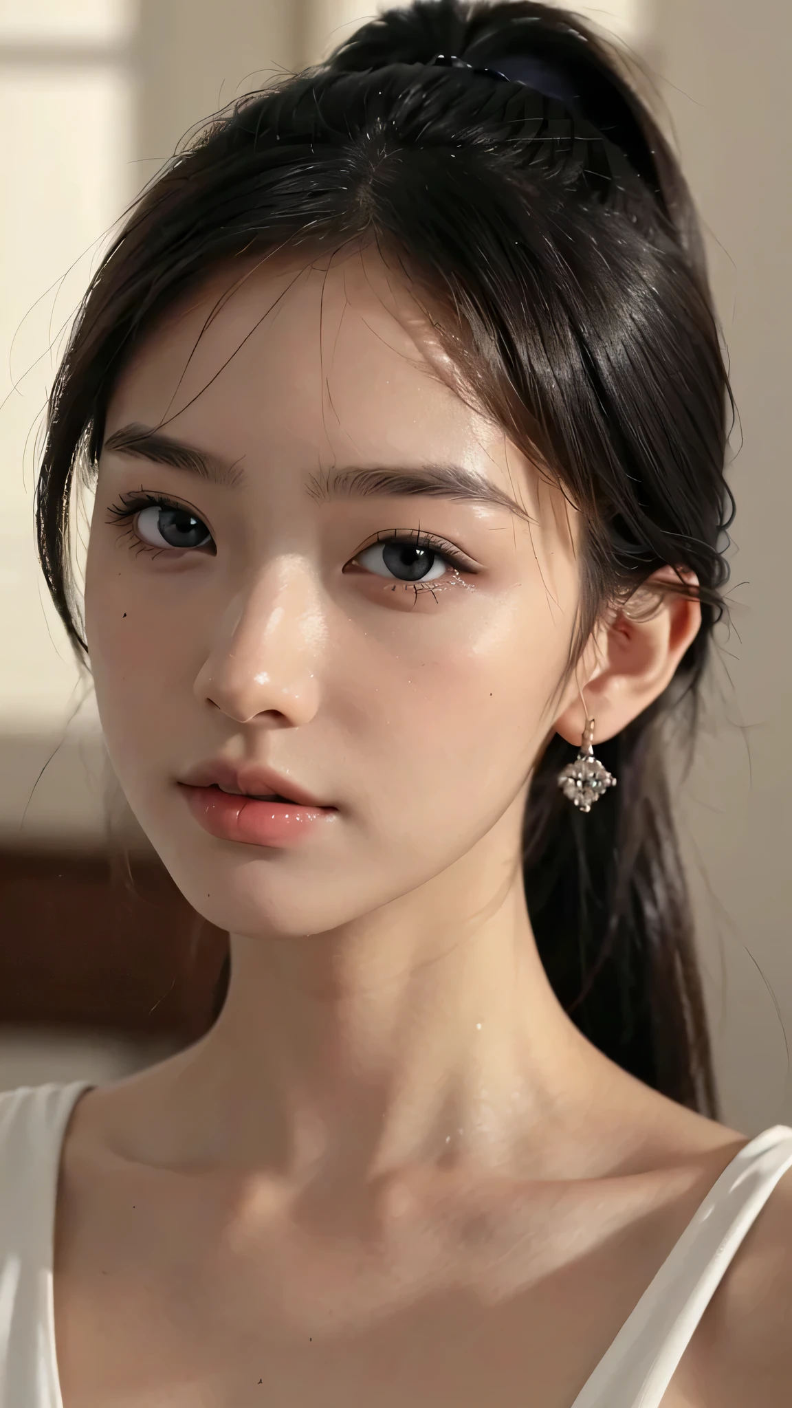One woman,fully body photo,masutepiece, The highest image quality, High quality, the background is clear，Beautiful woman, Japanese, Detailed, Detailed eyes, Detailed skin, Beautiful skin, 超hight resolution, (reality: 1.4),Very beautiful woman, Slightly younger face, Beautiful skin, slender, (Ultra photo realsisim), (hight resolution), (8K), (Very detailed) (beautifully detailed eyes), (super detailed),   (Detailed face), view the viewer, Fine details, Detailed face, Staring straight ahead, Staring straight ahead, photos realistic, Bright lighting, Professional Lighting, Black hair,poneyTail,a baby face,sixteen years old,Hairstyle is ponytail,long ponytail hairstyle,slight smile,business suit,