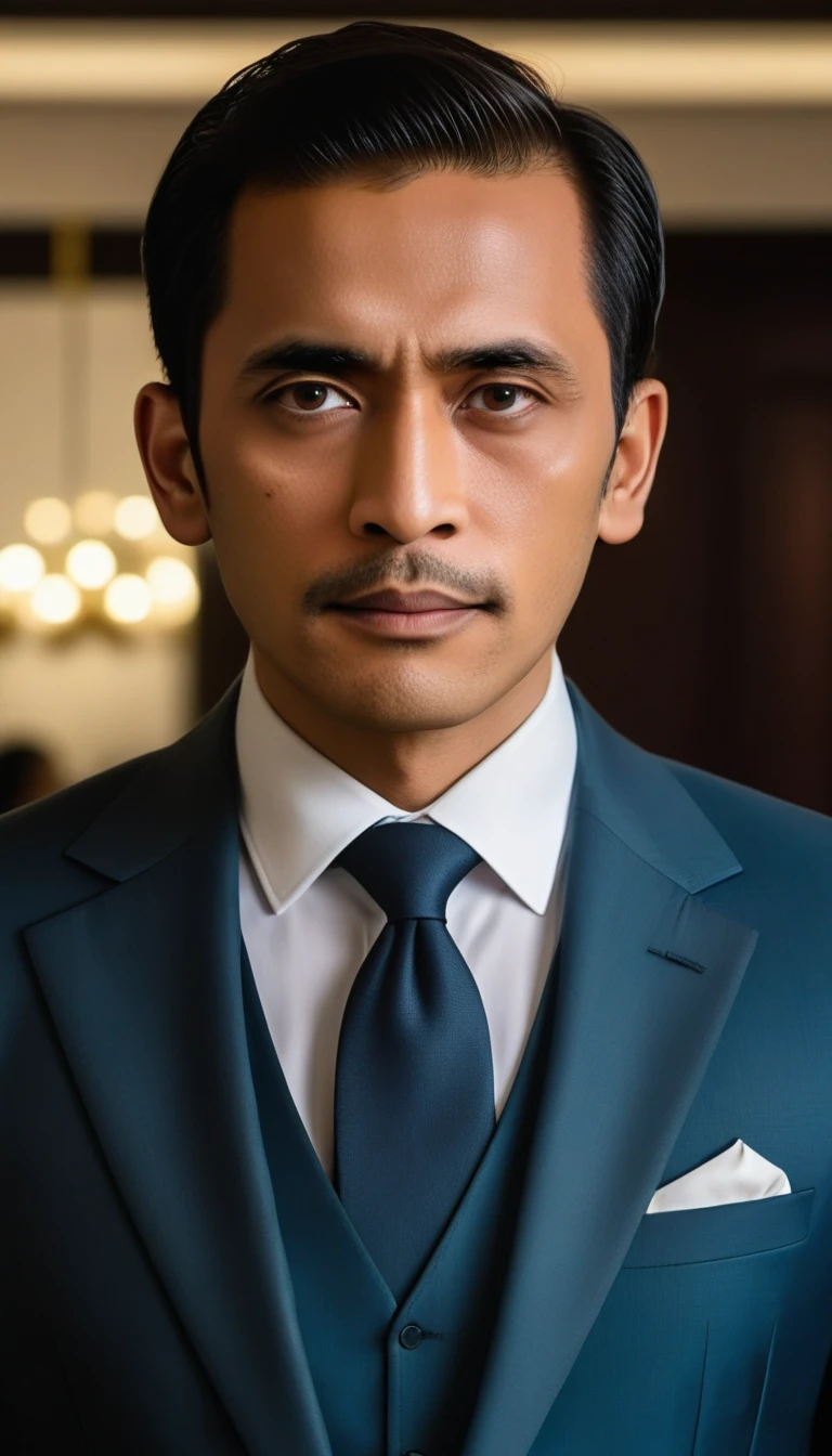 a Indonesia Man  30 years, standing with in suit and tie, body and head straight in the photo, facing the viewer of the photo, eyes fixed to the lens, appears shoulders and head in the photo, man centered in the photo, 8k, best quality, masterpiece, realistic, realistic photo, movie photo, ultra realistic, 1 person, detailed, perfect lighting,  DSRL, professional photo