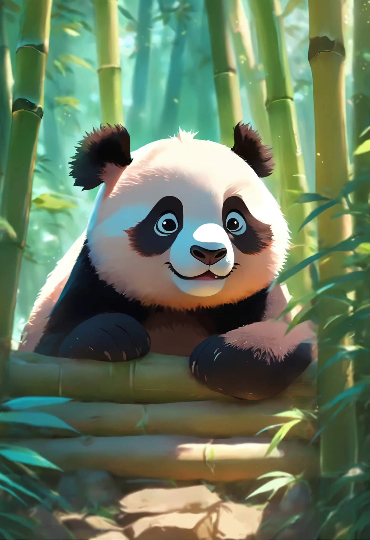 A cute panda lying in the bamboo forest,have big eyes,blush blush,lazy,meet,high detail