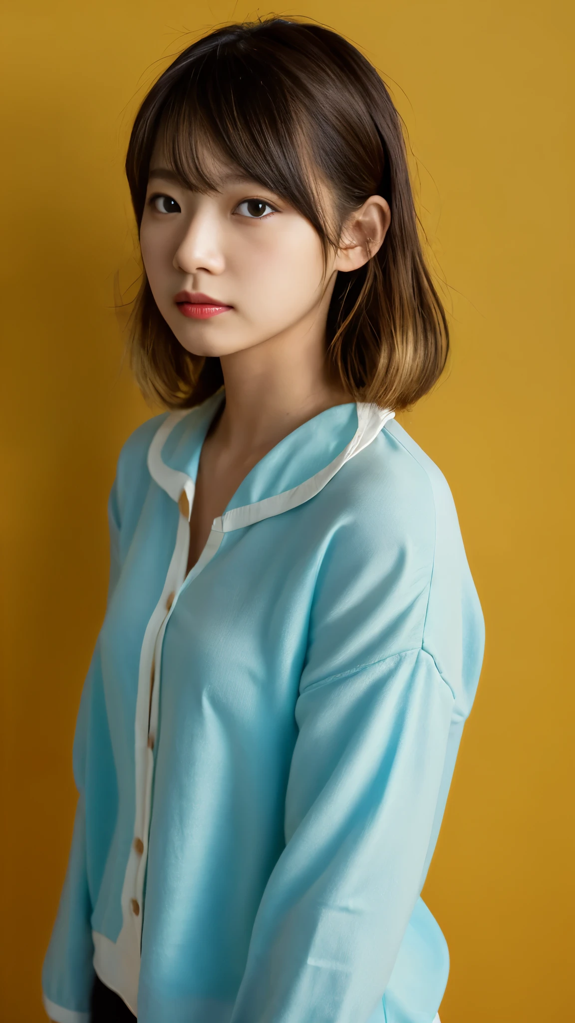 (((1 girl))), ((((alone)))), ((messy hairstyle)), stand and take a photo, (((reddish yellow hair)), red eyes, soft blouse