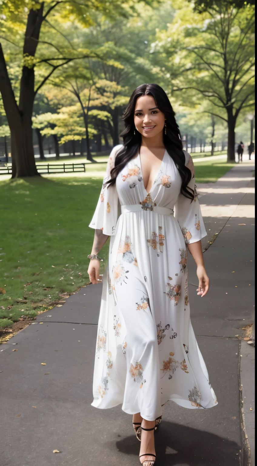Foto hiperrealista en primer plano de Demi Lovato, masterpiece, best quality, (photorealistic:1.4), full body, (white maxi fall loose floral dress:1.1), heels, in the New York Central Park, sunny day,cinematic light, beautiful woman, skinny, large big breasts, black long hair, detailed face, smile, facing the camera, photo taken from a distance, age of 25 years old