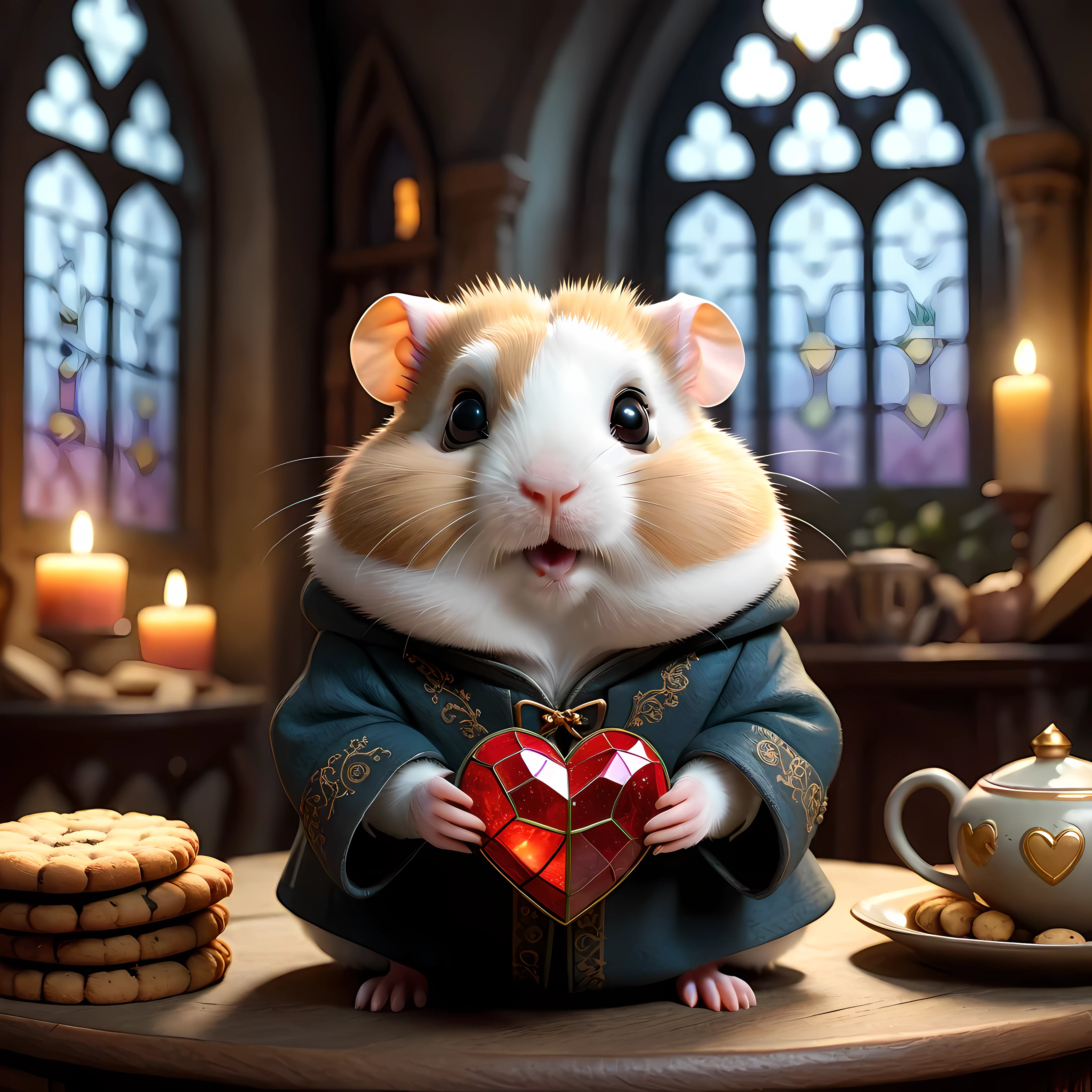 (Close up) of an adorable hamster wearing a cozy medieval coat with intricate embellishment and elegant spectacles in a tiny cozy gothic living room, the hamster (((holds a giant glowing heart))), surrounded by plush furniture, soft textures, books, ((a plate of cookies with a tea cup)), cold colors and soft lightning, (((looking directly at the viewer))), (round stained glass windows in the background), masterpiece in maximum 16K resolution, superb quality. | ((More_Detail))
