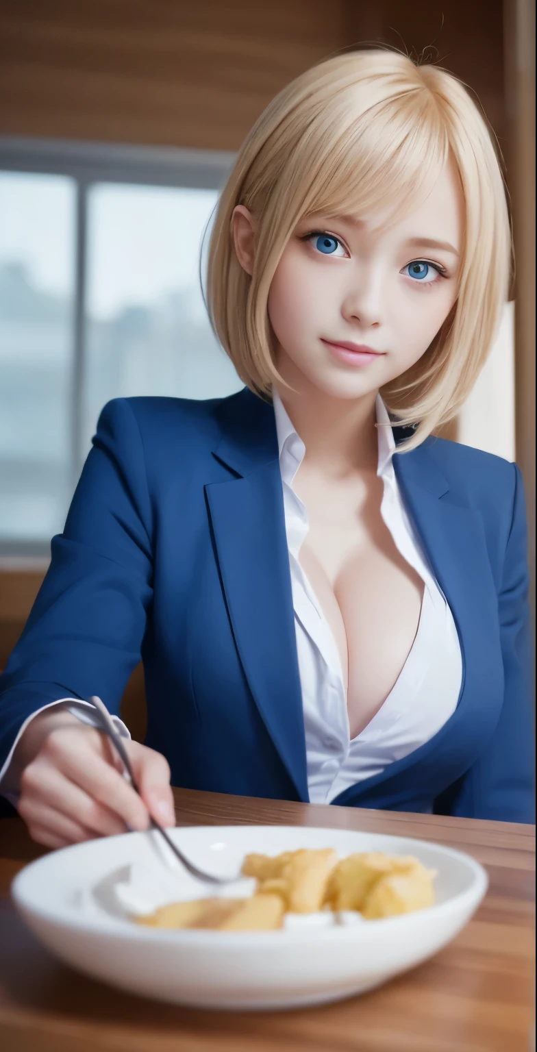 table top、highest quality、 super detailed、High resolution、8k wallpaper、perfect dynamic composition,、detailed and beautiful eyes、(beautiful breasts:1.3) 、blue blazer、white shirt、red tie、 girl、1 girl、beautiful girl、blonde hair、short hair、blue eyes、blue eyes、blue eyes、babyle、smile