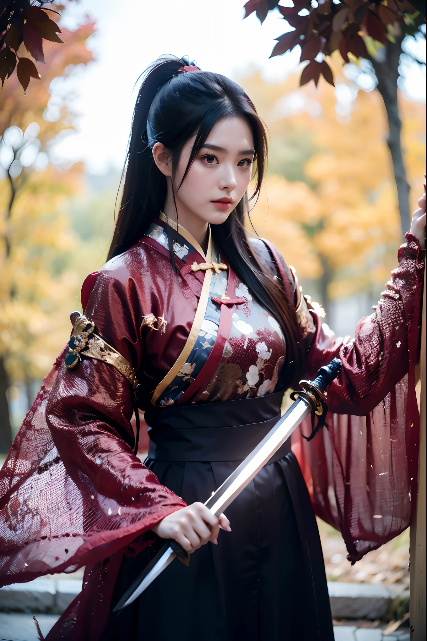 1girl,black hair,embers,falling leaves,falling petals,fire,high ponytail,(holding sword:1.5),Ancient Chinese Hanfu,Brave and spirited,Hanfu,Grasp the hilt with your hand,solo,,sword-dance,long hair,long sleeves,looking at viewer,petals,ponytail,Arm with protective sheath,solo,standing,wide sleeves,best quality，masterpiece，16k