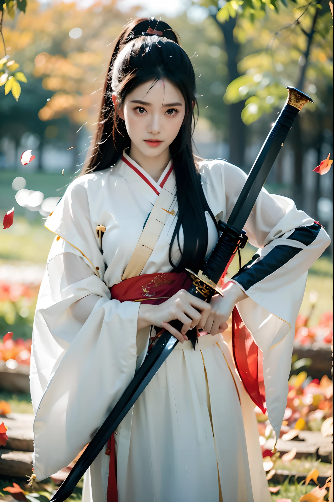 1girl,black hair,embers,falling leaves,falling petals,fire,high ponytail,(holding sword:1.5),Ancient Chinese Hanfu,Brave and spirited,Hanfu,Grasp the hilt with your hand,solo,,sword-dance,long hair,long sleeves,looking at viewer,petals,ponytail,Arm with protective sheath,solo,standing,wide sleeves,best quality，masterpiece，16k