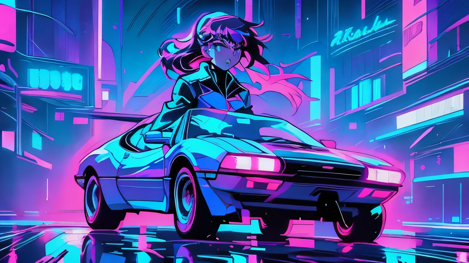 Purple car driving on the road at night with lights on, Soft synthwave, Retro trend, retro wave, synthwave aesthetic, Vaporwave lighting style, Epic retro wave art, Decorative art transcends anime aesthetics, Soft neon atmosphere, 1980s anime atmosphere, Vaporwave lighting, neon teeth, Vapor wave light, girl with twin ponytails, sitting on top of a slender car, driving in outer space. The girl holds the steering wheel and is more detailed in the driving position.