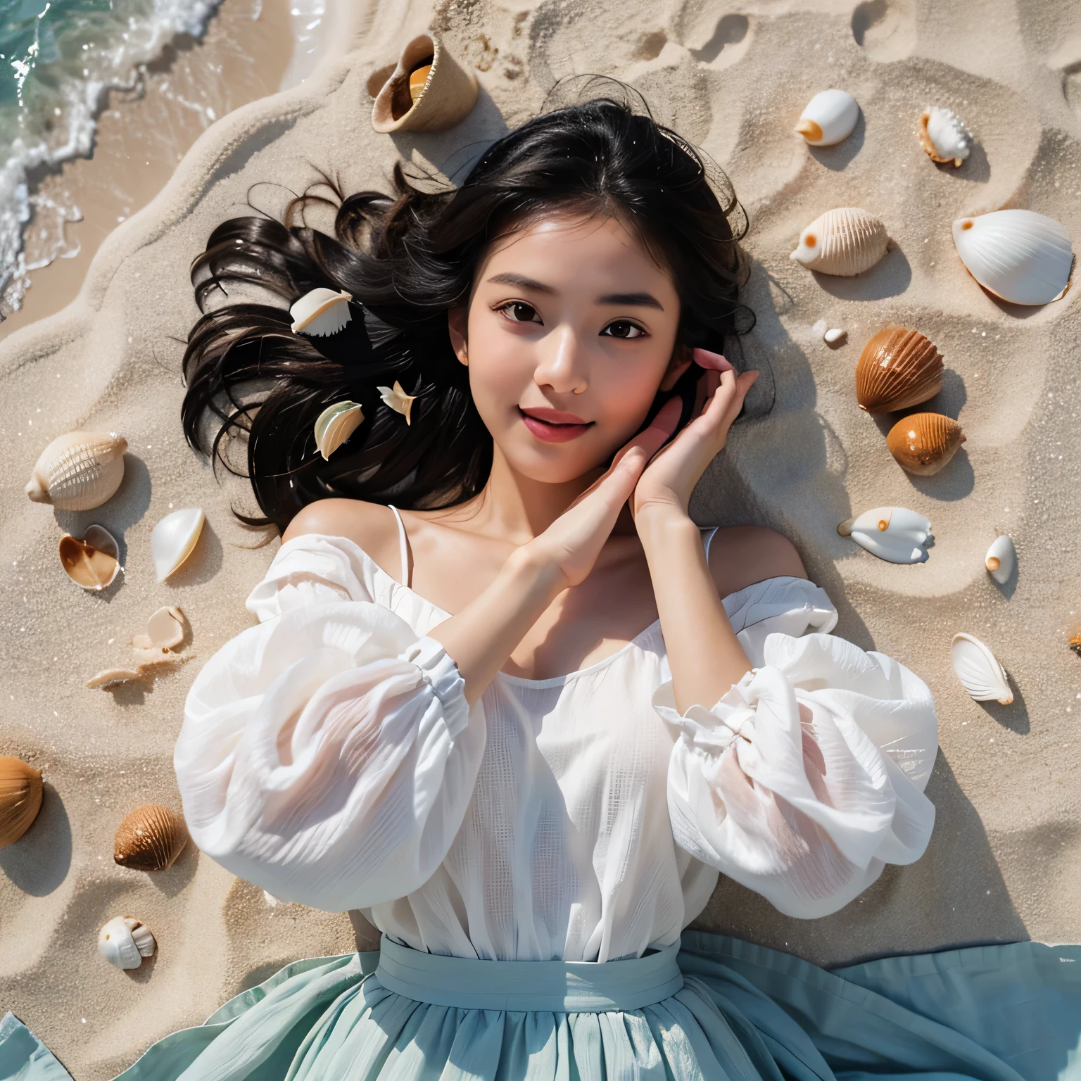 Generate img
TYPE : Beauty Photography
THEME : Natural
RACE : Indonesian, young
PERSON 1 : Early 20s, woman
SCENE : outdoor , a woman is lying on White sand beach, lie up , open eyes , smile , cute expression , surrounded by white sand and sea water, small shells. The person is wearing a white blouse and a light blue long skirt that full covers her legs, and their dark hair is spread out around them. , half body view
PROPS: white sand and sea water, small shells , long full closed skirt
CAMERA : photographed using an Canon eos 90d DSLR camera with 18-135mm lens
, best preset lighting , skin texture , detailed face ,
ANGLE : angled from sky ,High Dynamic Range (HDR) shot , rule of third
adjust the gesture as in the example image