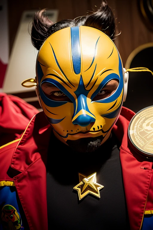 a close up of a person wearing a mask with a face painted on it, portrait of lucha libre dj, lucha libre, a man wearing golden mask, by Benjamin Marra, masked face, masked, full mask, masqua, ( ( mask ) ), vega mask, inspired by Dave Arredondo, mask inside mask, masked person in corner, metal mask, mask