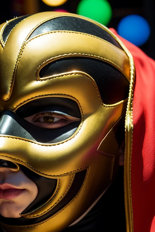 a close up of a person wearing a mask with a face painted on it, portrait of lucha libre dj, lucha libre, a man wearing golden mask, by Benjamin Marra, masked face, masked, full mask, masqua, ( ( mask ) ), vega mask, inspired by Dave Arredondo, mask inside mask, masked person in corner, metal mask, mask