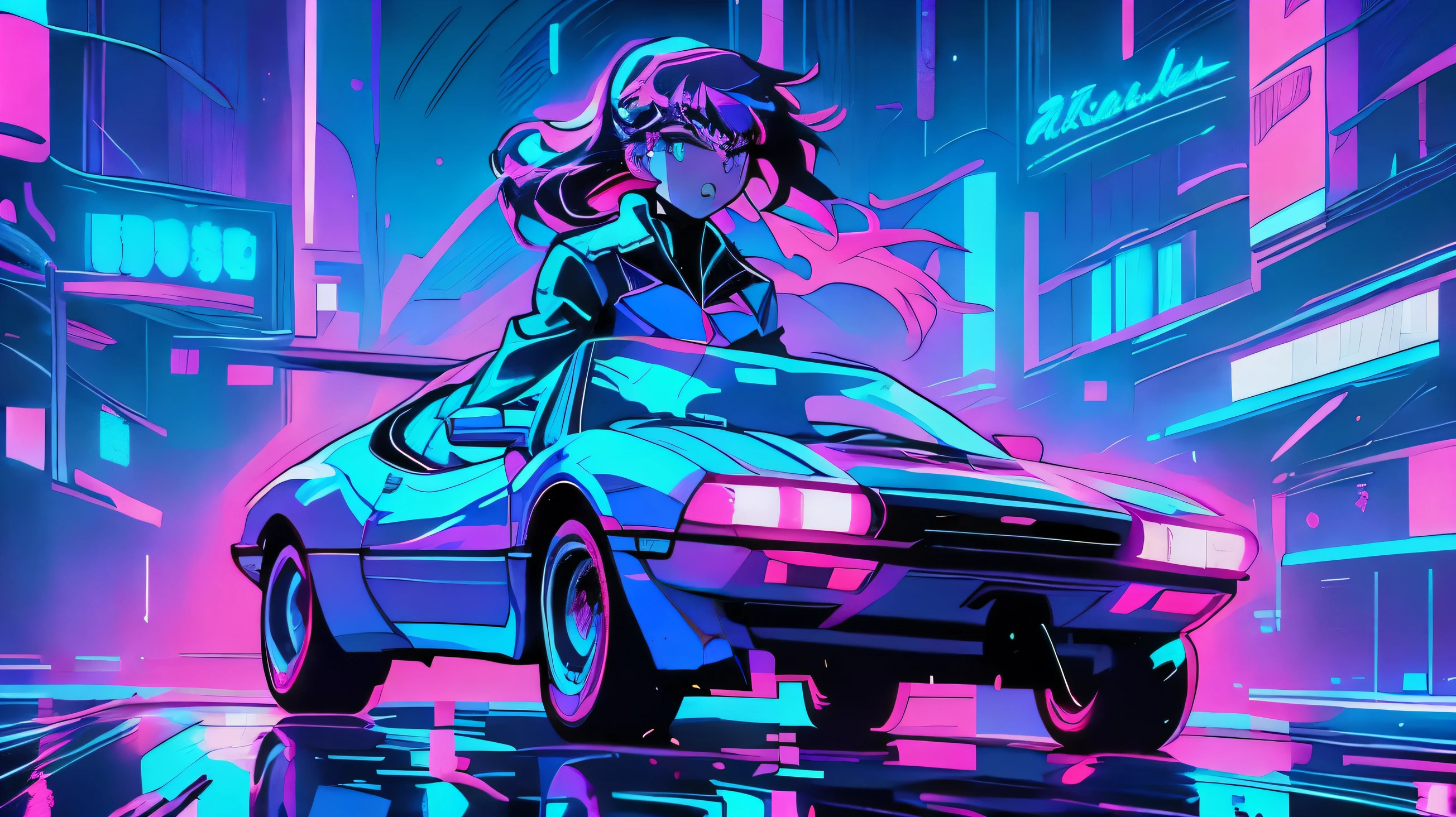 Purple car driving on the road at night with lights on, soft synthwave, retro trend, retro wave, synthwave aesthetic, Vaporwave lighting style, Epic retro wave art, Decorative art transcends anime aesthetics, Soft neon atmosphere, Animation atmosphere of the 1980s, Vaporwave lighting, neon fog, vapor sparkle, Girl with double ponytails, Sitting on top of a slender car, driving in outer space. Girl holding steering wheel，Driving posture is more detailed.