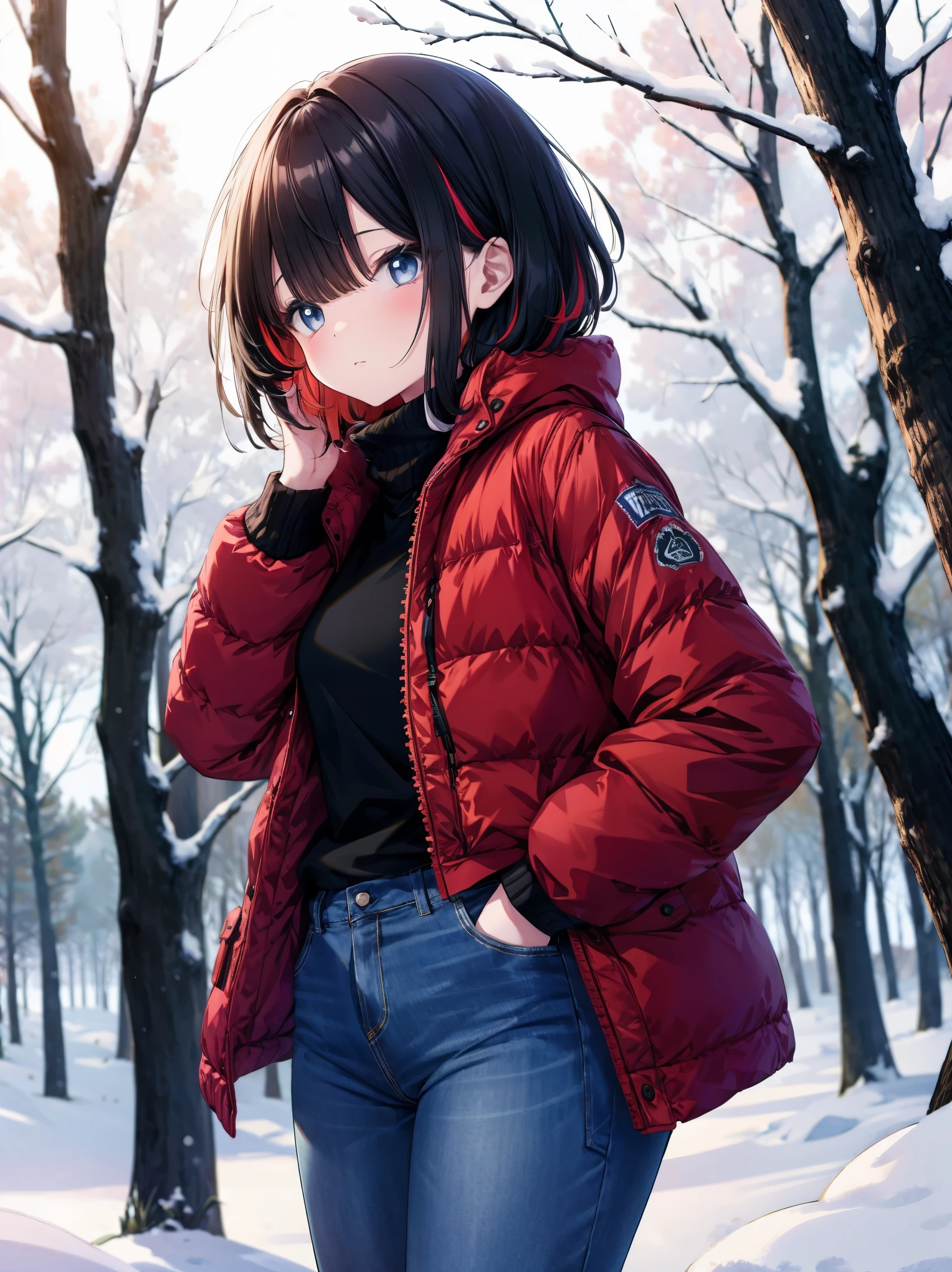 (cowboy shot), (best quality, ultra-high resolution, depth of field:1.2), solo, adult, 1woman, toned body, medium breasts, wide hips, black hair, streaked hair, short hair, bangs, upturned eyes, a hint of melancholy in her gaze, winter, warmly dressed (wearing a winter outfit:1.2), denim jeans, snow-laden pine forest, golden light filtering through the trees, wisps of breath visible in the cold air, posing for modeling