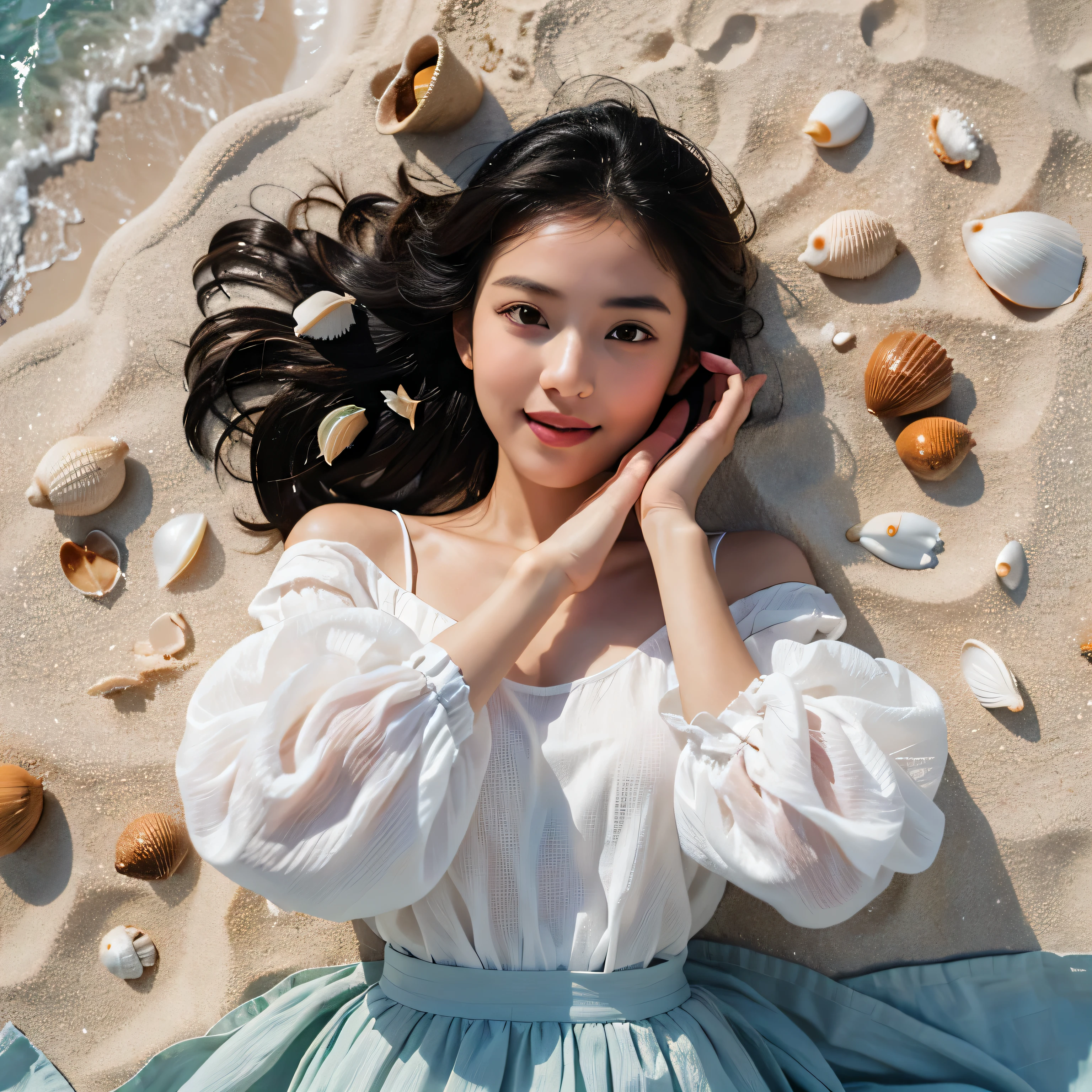 Generate img
TYPE : Beauty Photography
THEME : Natural
RACE : Indonesian, young
PERSON 1 : Early 20s, woman
SCENE : outdoor , a woman is lying on White sand beach, lie up , open eyes , smile , cute expression , surrounded by white sand and sea water, small shells. The person is wearing a white blouse and a light blue long skirt that full covers her legs, and their dark hair is spread out around them. , half body view
PROPS: white sand and sea water, small shells , long full closed skirt
CAMERA : photographed using an Canon eos 90d DSLR camera with 18-135mm lens
, best preset lighting , skin texture , detailed face ,
ANGLE : angled from sky ,High Dynamic Range (HDR) shot , rule of third
adjust the gesture as in the example image