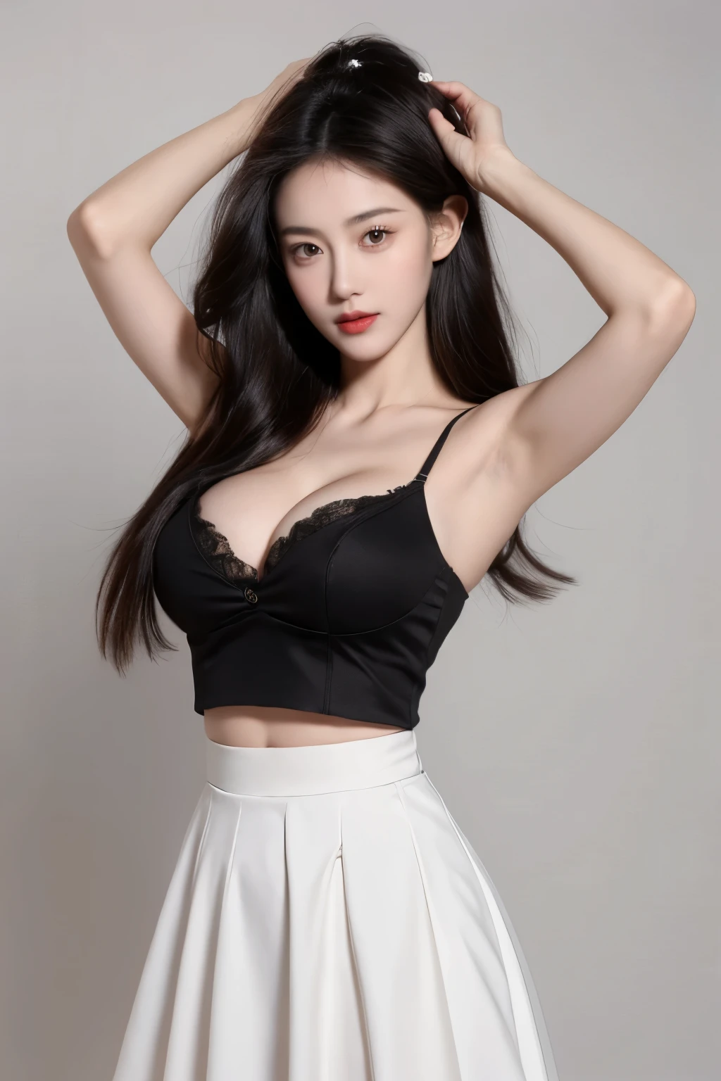 (lifelike,high resolution:1.3), A slim girl, The face shape and eyes are super delicate,black hair,red glossy lips,(beautiful face), (best quality), (Super detailed), (Extremely detailed CG unified 8k wallpaper),((high waist skirt)),(White background),(cleavage),sexy look,big eyes,(standing),(Slim waistline),perky breasts,soft breasts,very realistic breasts,sexy pose,(big breasts),(huge breasts)