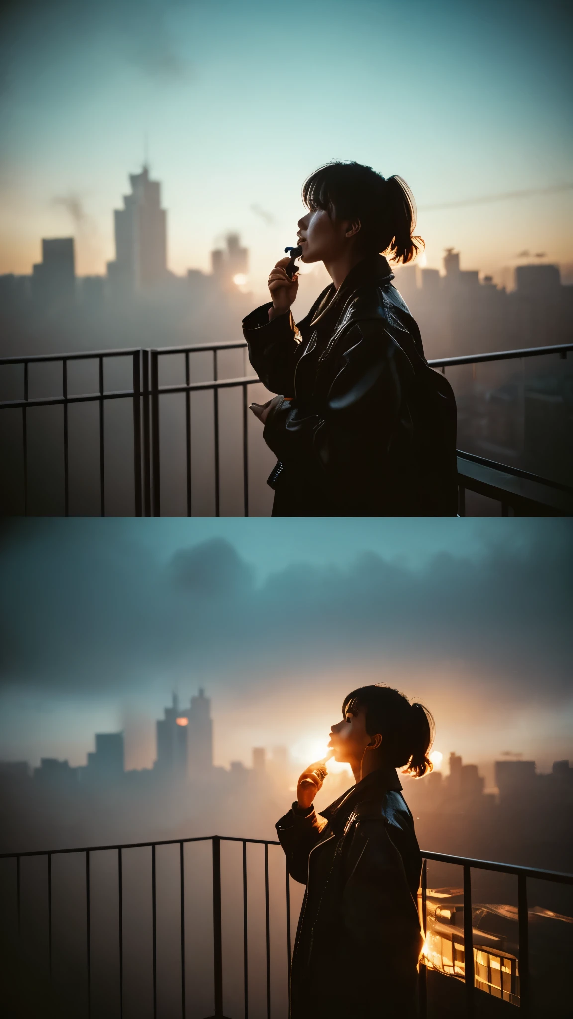 abstract colors, texture, film grain, skin pores:0.Standing on a balcony overlooking the future world、A complex and dramatic portrait of a beautiful sci-fi scientist blowing in the wind (solar punk)1.2 cities, foggy morning, movie still frames, blade runner 2049, punk hairstyle, modified carbon, (analog style)1.3 (film grain)1.3, Stéphane Martiniere Vadim Kassin Simon Stalenhag Michal Karci Ismail Inceoglu