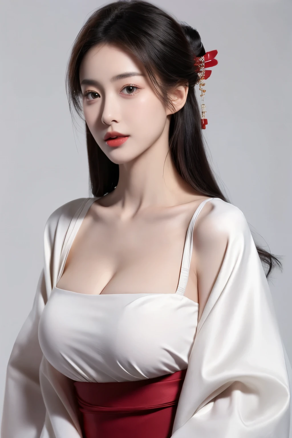 （lifelike,high resolution：1.3）， A slim girl， The face shape and eyes are super delicate,black hair,red glossy lips,(beautiful face), (best quality), (Super detailed), (Extremely detailed CG unified 8k wallpaper),((kimono)),(White background),(cleavage),sexy look,big eyes,(standing),(Slim waistline),perky breasts,soft breasts,very realistic breasts,sexy pose,(big breasts),(huge breasts)