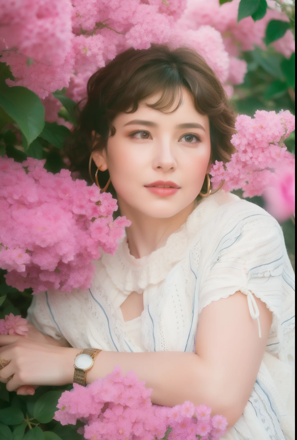 portrait of a woman, Woman with short haircut, Woman with curly hair, portrait of a woman at sirens, tender photo, Beautiful hair, super quality,at sirens, aged woman, portrait in the bushes