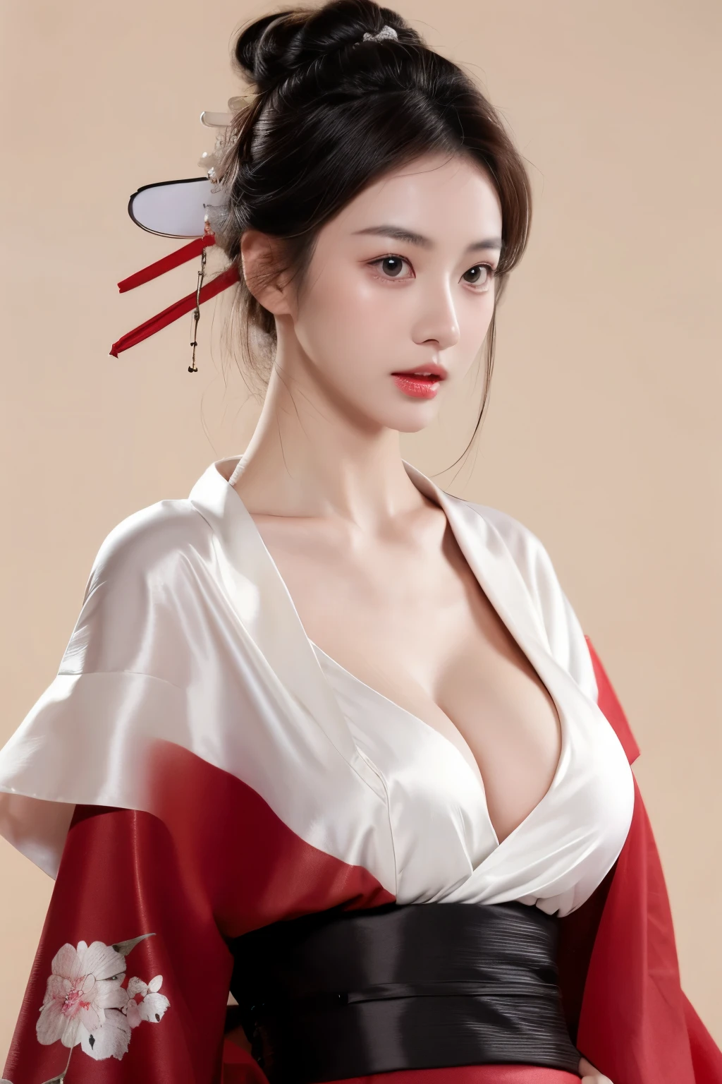 （lifelike,high resolution：1.3）， A slim girl， The face shape and eyes are super delicate,black hair,red glossy lips,(beautiful face), (best quality), (Super detailed), (Extremely detailed CG unified 8k wallpaper),((kimono)),(White background),(cleavage),sexy look,big eyes,(standing),(Slim waistline),perky breasts,soft breasts,very realistic breasts,sexy pose,(big breasts),(huge breasts)