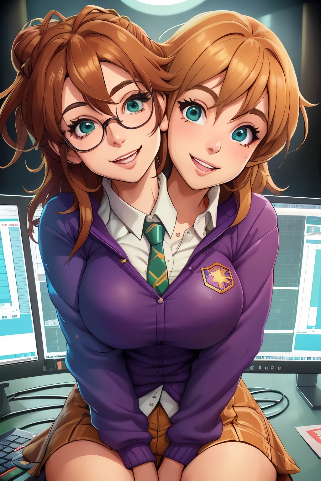 2heads, a tall chubby woman with 2 heads. She is wearing unbuttoned business attire, bra underneath. Deep cleavage. She is in a classroom. Teacher. She looks motherly, caring. Large circular glasses. She is smiling wide. She has messy orange hair in a bun. Ginger, pale skin, many freckles all over body. She is very tall. She looks mature. Blushing, aroused. Unbuttoned shirt with bra underneath. Extreme freckles. Giant hard nipples. 