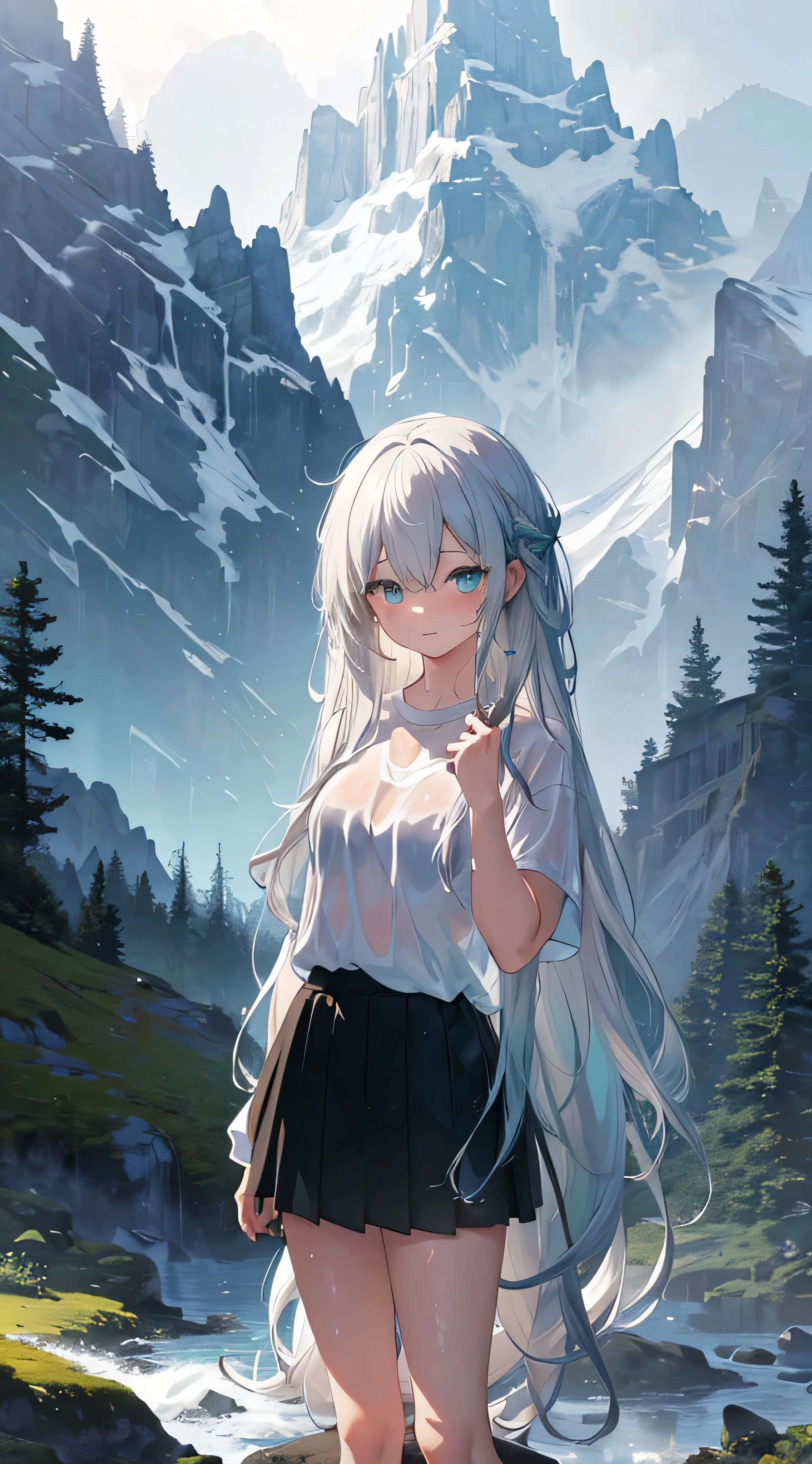 masterpiece, best quality, full HD, ultra sharpness, full details, wallpapers, landscape, mountains, forest, cloudy sky, rain, 1girl, long hair, silver hair, aqua eyes, wet white t-shirt, shirt skirt, wet girl body, wet hair