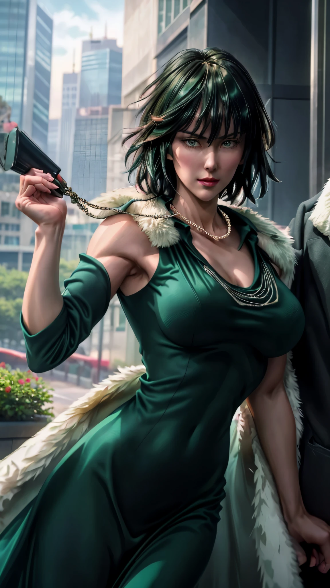 (((pixel-perfect, detail-perfect))), solo, 1girl, fubuki, fur coat, collared dress, collarbone, necklace, looking at viewer, closed mouth huge breasts Prompt: (Masterpiece), crowded city, {{{high quality}}},{{{best quality}}},{{{{extremely detailed eyes}}}},{{{{extremely detailed body}}}}, short dark green hair, defined cheekbones , slender face, sharp face, mature female, clean, cinematic lighting, cinematic bloom, highly detailed, (blushing), (huge breasts), (fubuki), defined in muscles, muscular body smile green lips