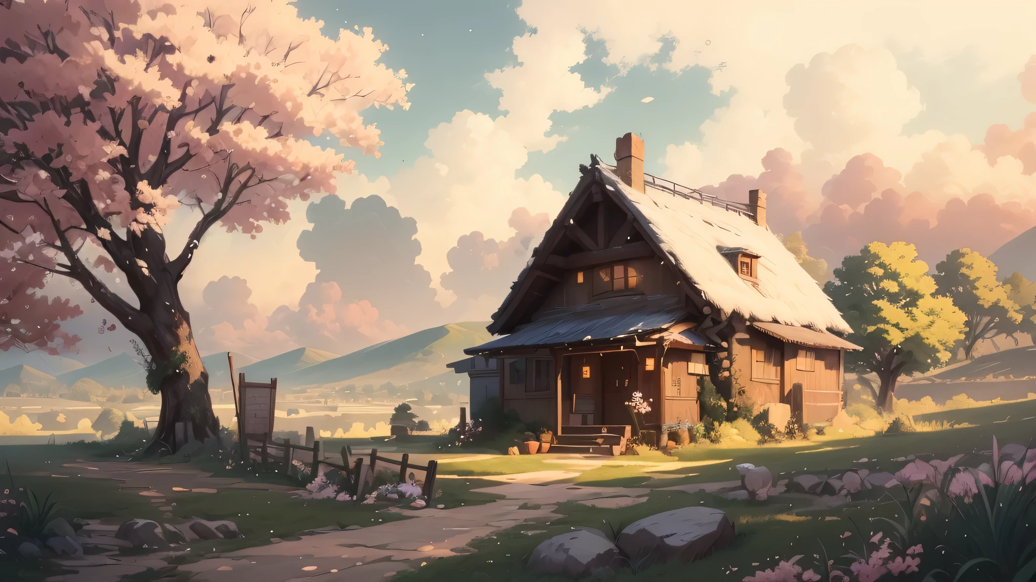 Log house with a chimney and a path leading to it in the countryside, anime countryside scenery, anime background art, beautiful anime scene, anime scenery, beautiful anime scenery, Studio Gribly Makoto Shinkai, Cherry tree in full bloom,High mountains in the background々
